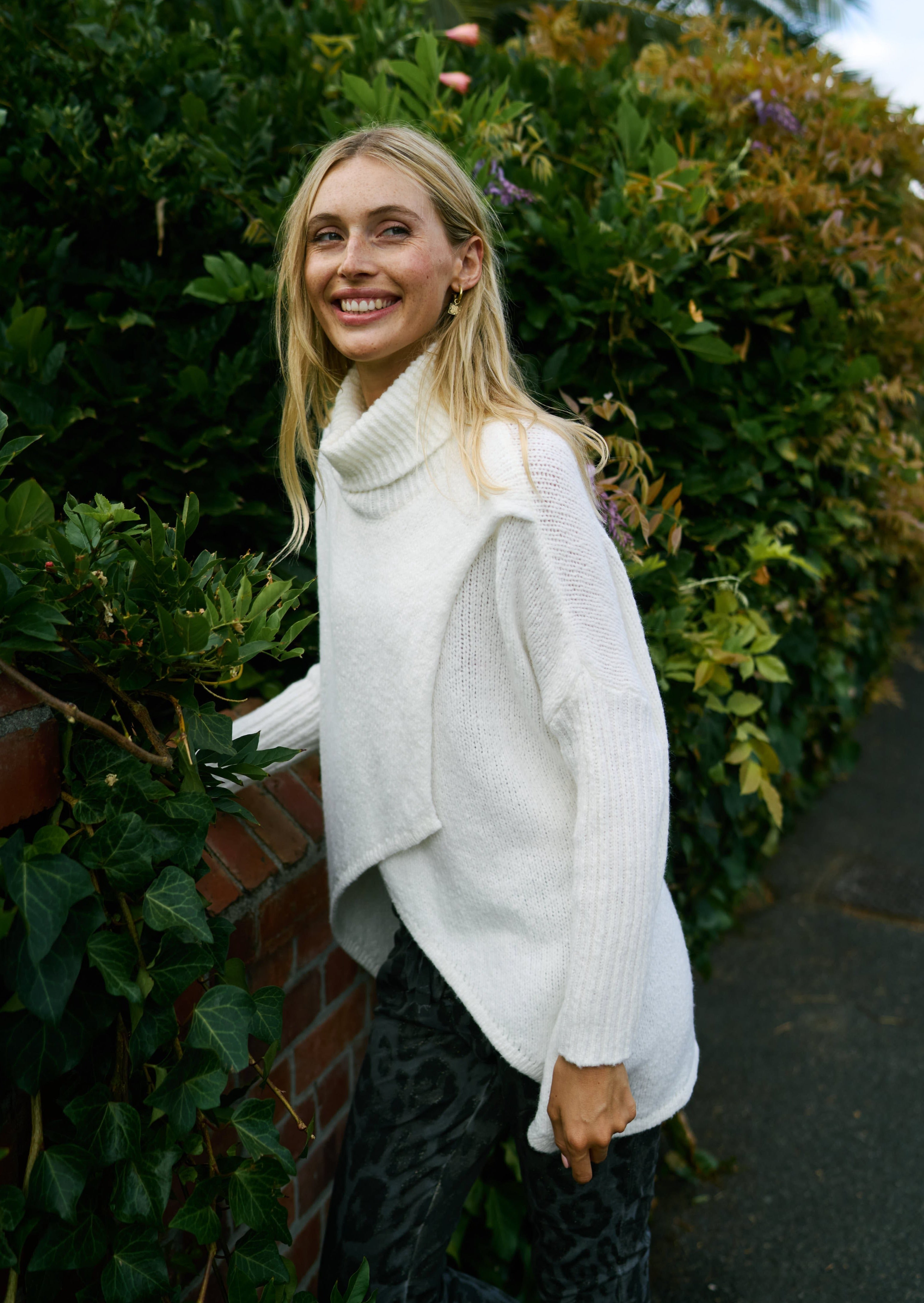 Italian Oversized Polo Neck Knit with Crossover Front In White