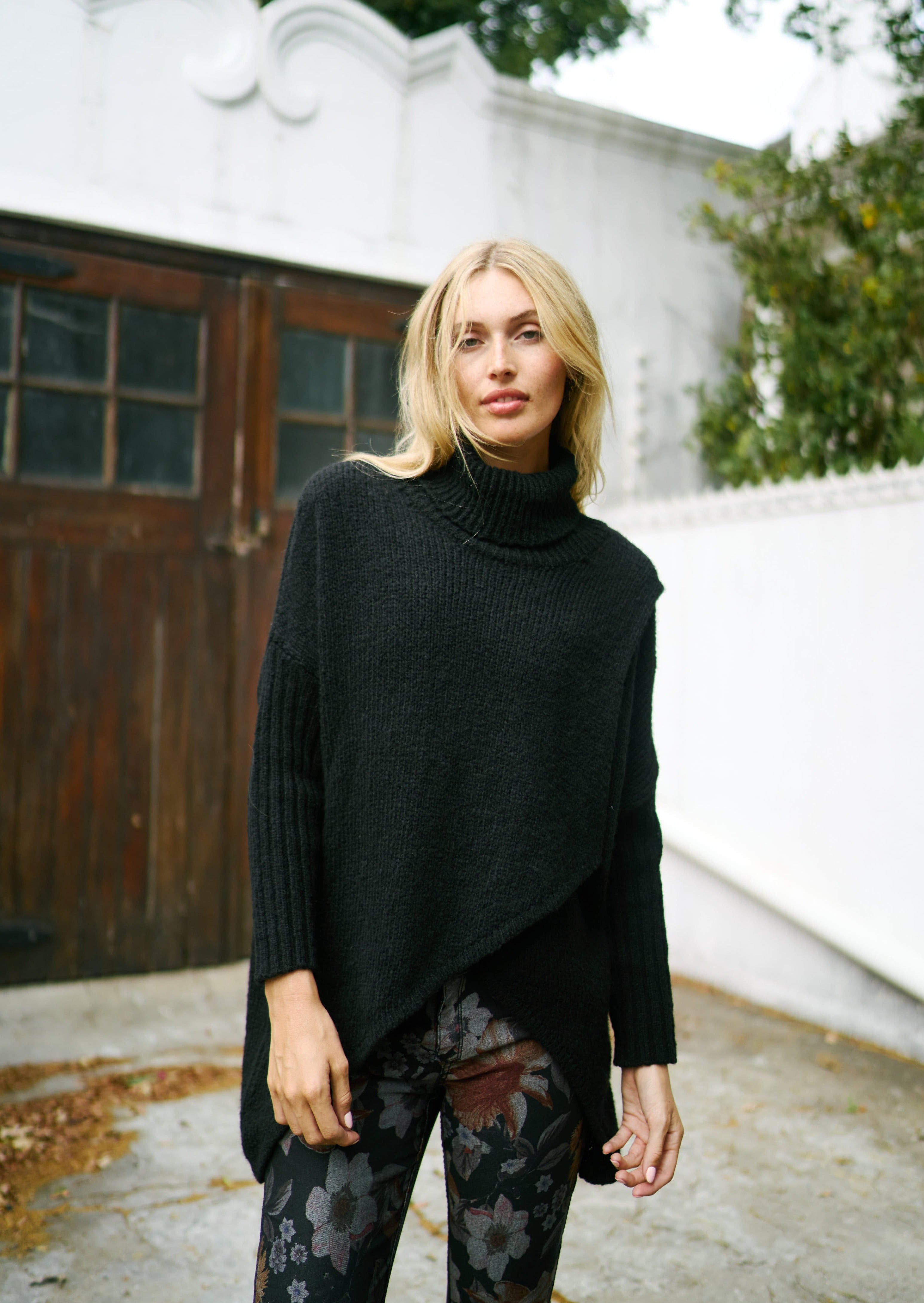 Italian Oversized Polo Neck Knit With Crossover In Black