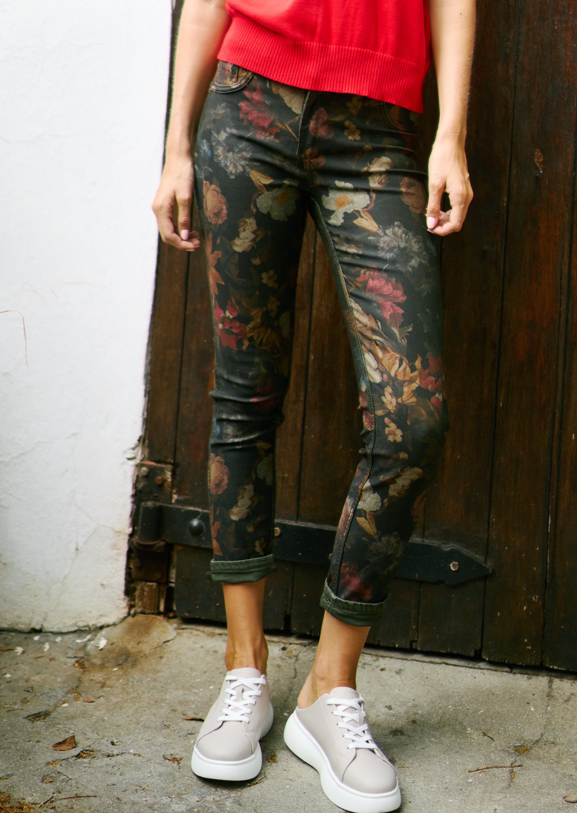 Reversible Jeans With Floral Print In Khaki
