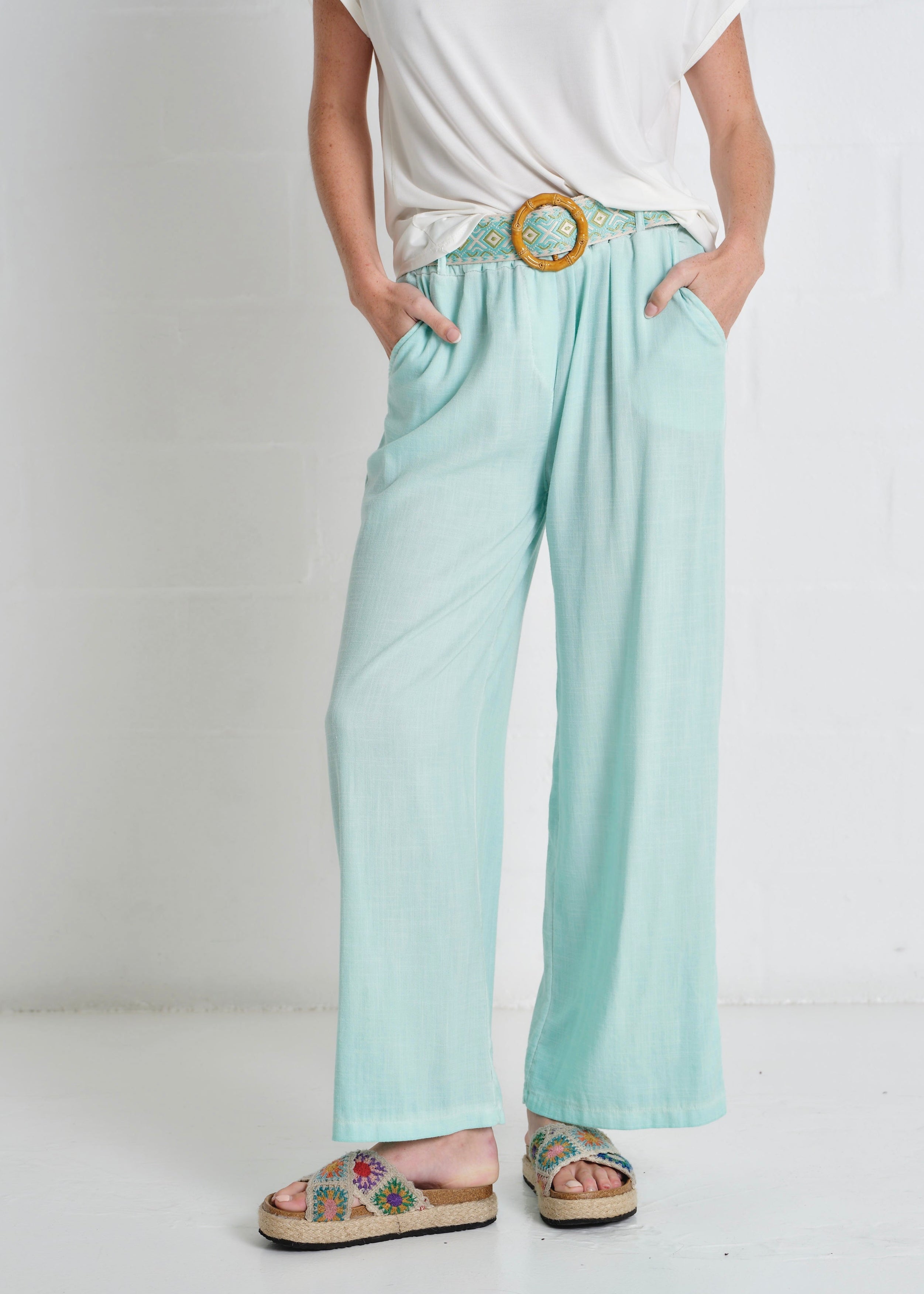 Camogli Palazzo Linen Blend Pants In Turquoise