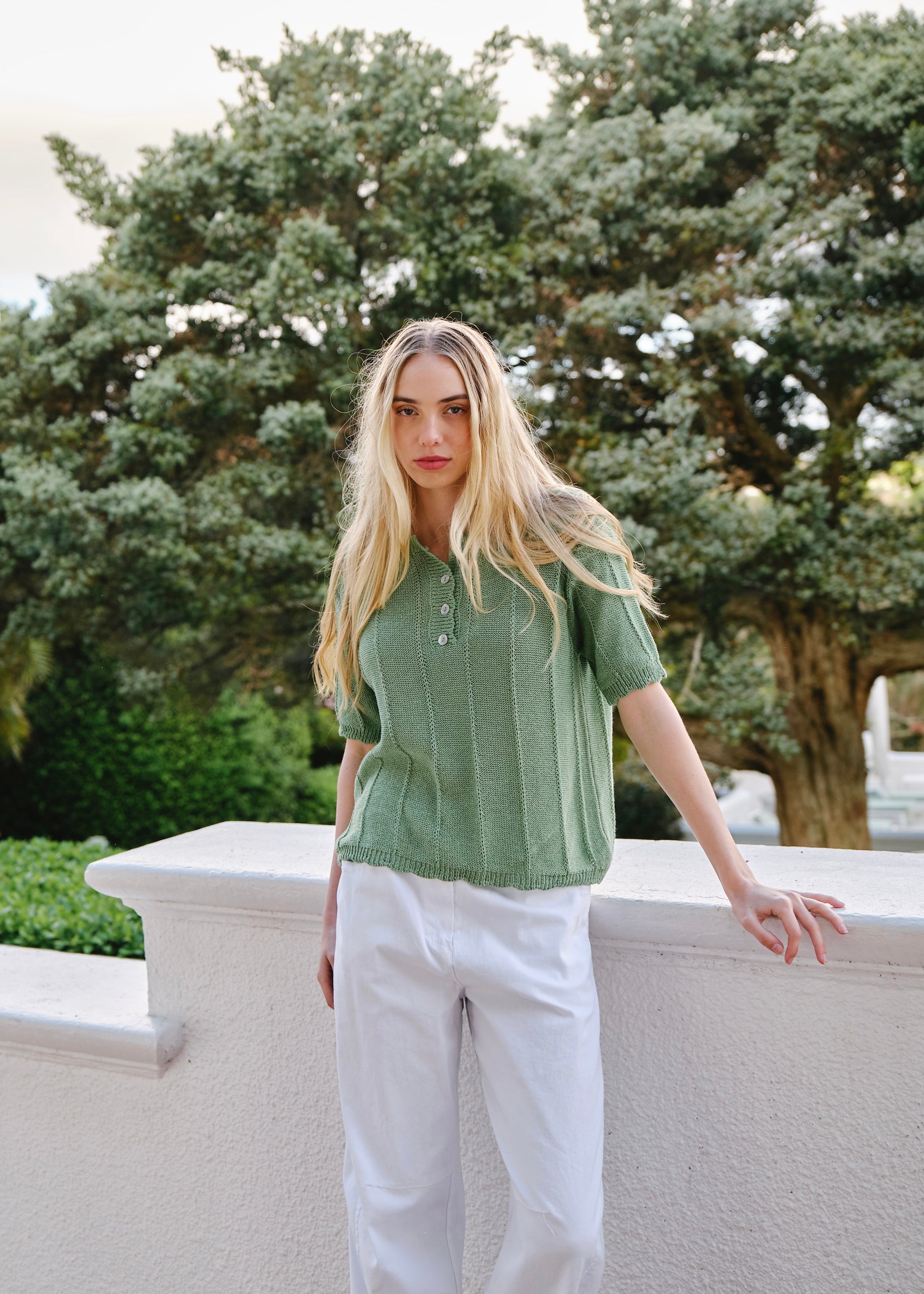 Mila Italian Loose Weave Knit Cotton Tee In Green