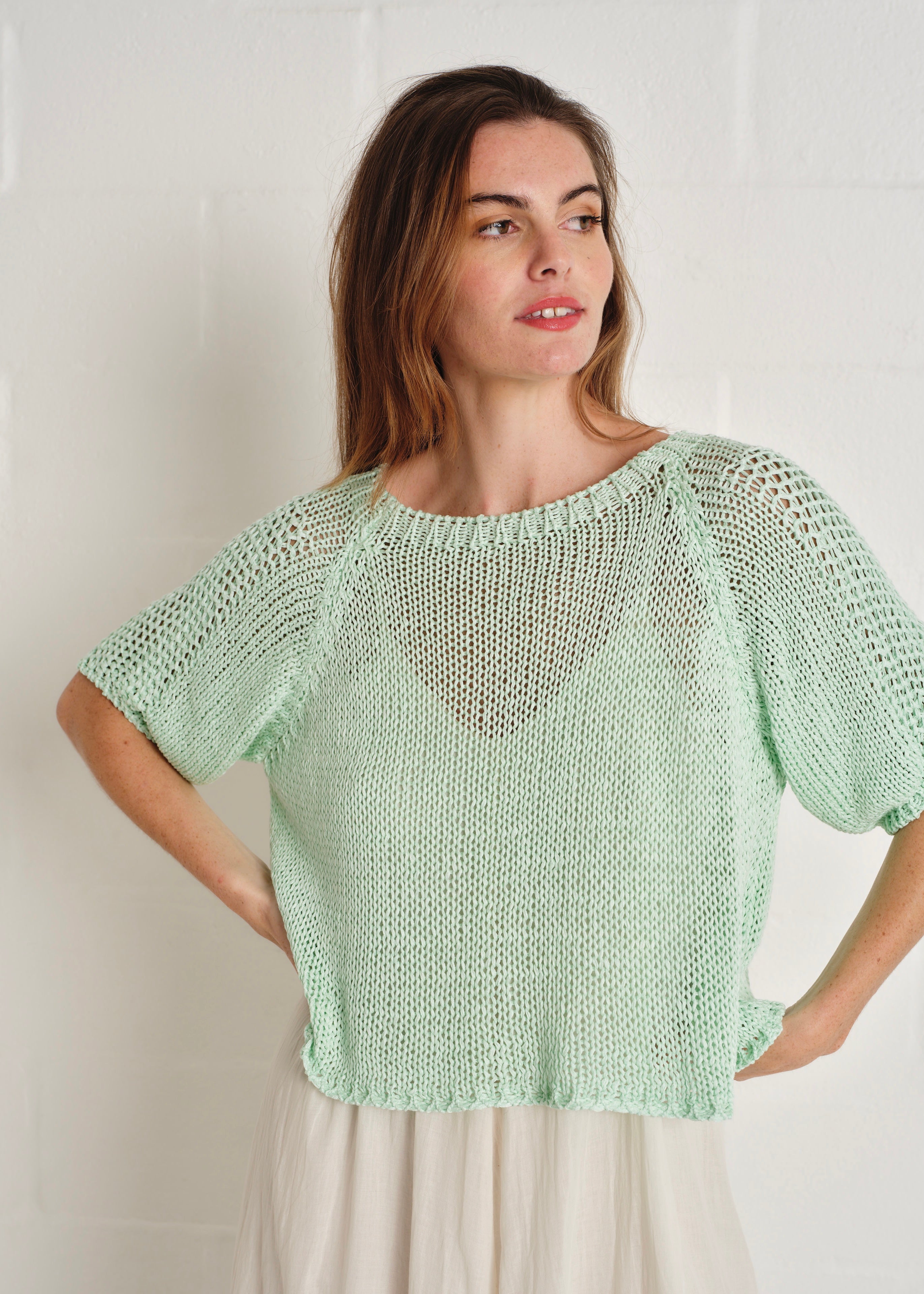 Sayulita Boatneck Crochet Top In Mint