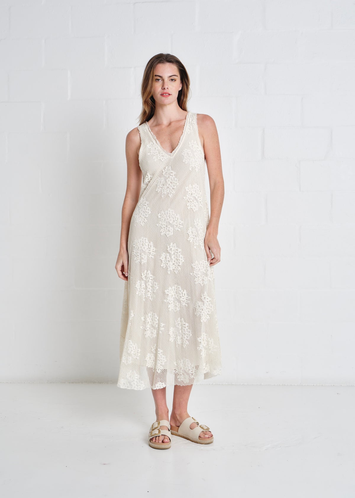 Antigua Crochet Maxi V neck Dress In Cream