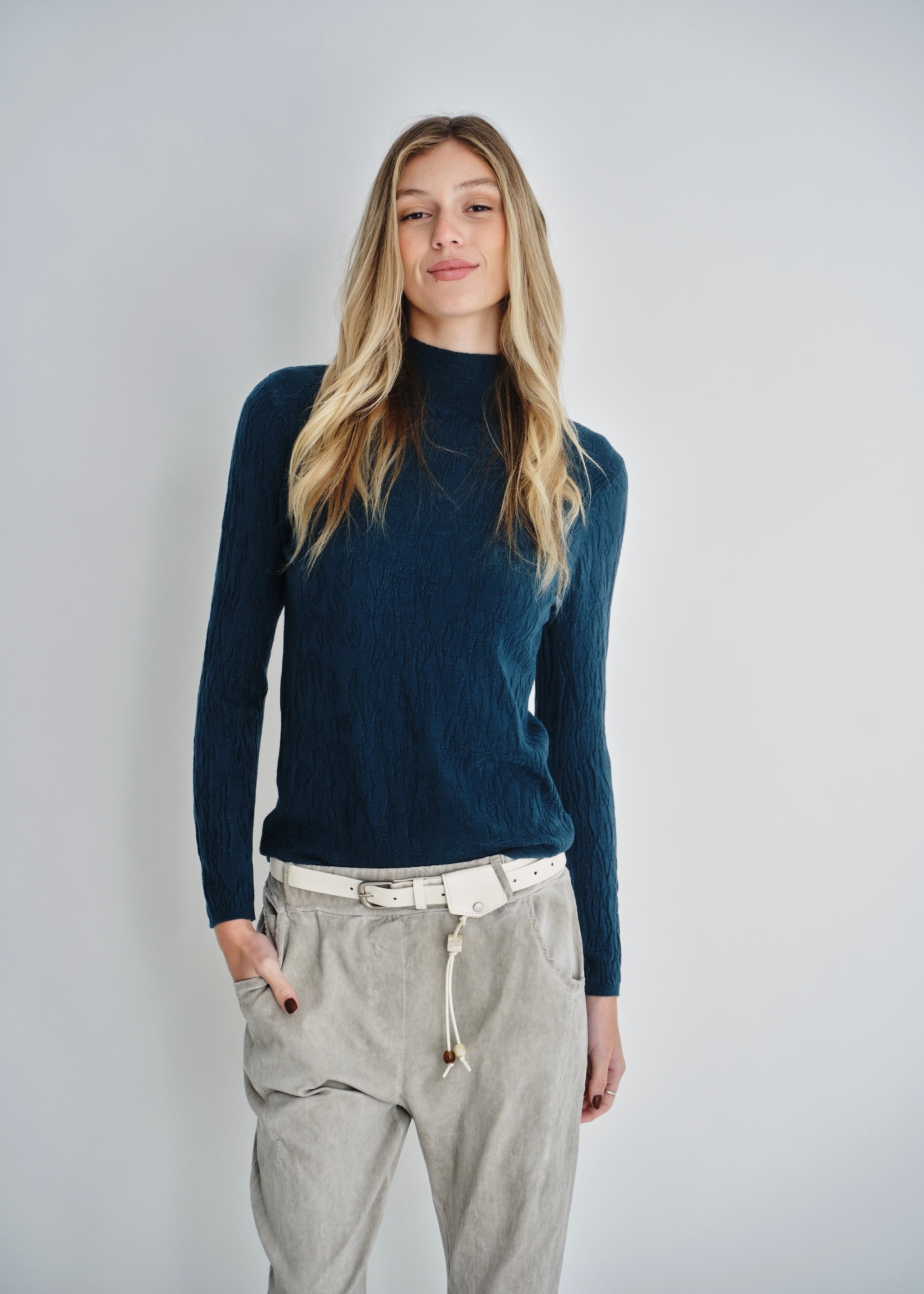 The Essential Teal Embossed Turtleneck Knit