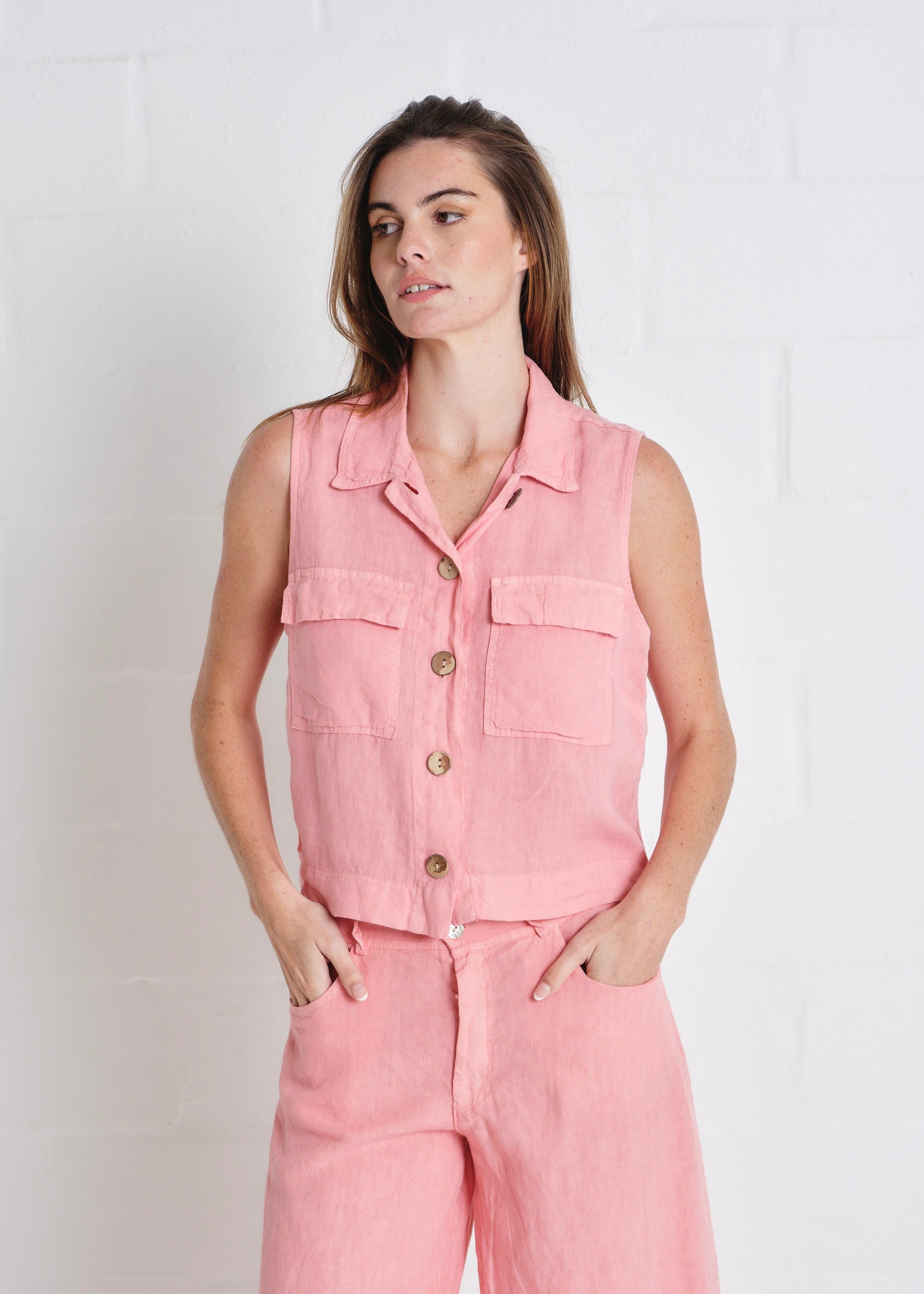 Positano Linen Sleeveless Waistcoat In Guava Pink
