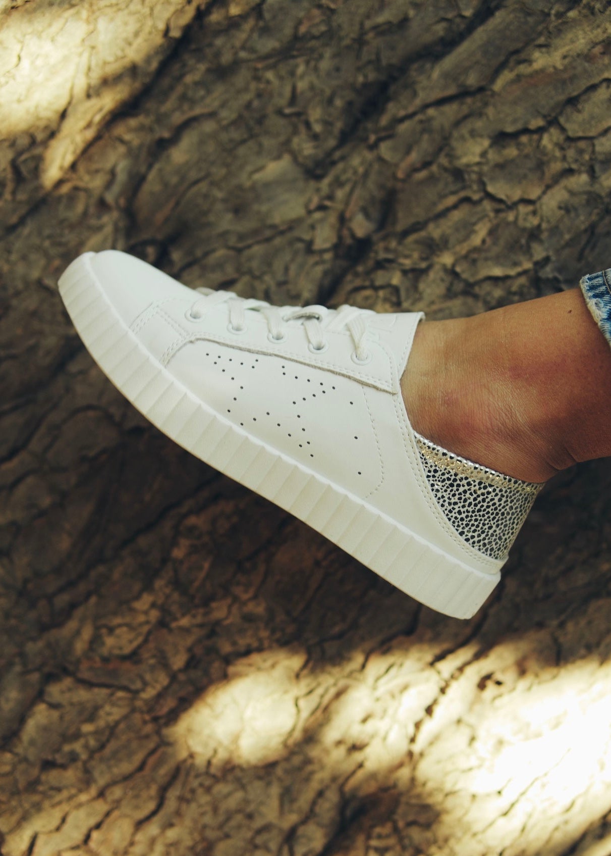 Valentina Leather Sneaker With Silver Specs in White