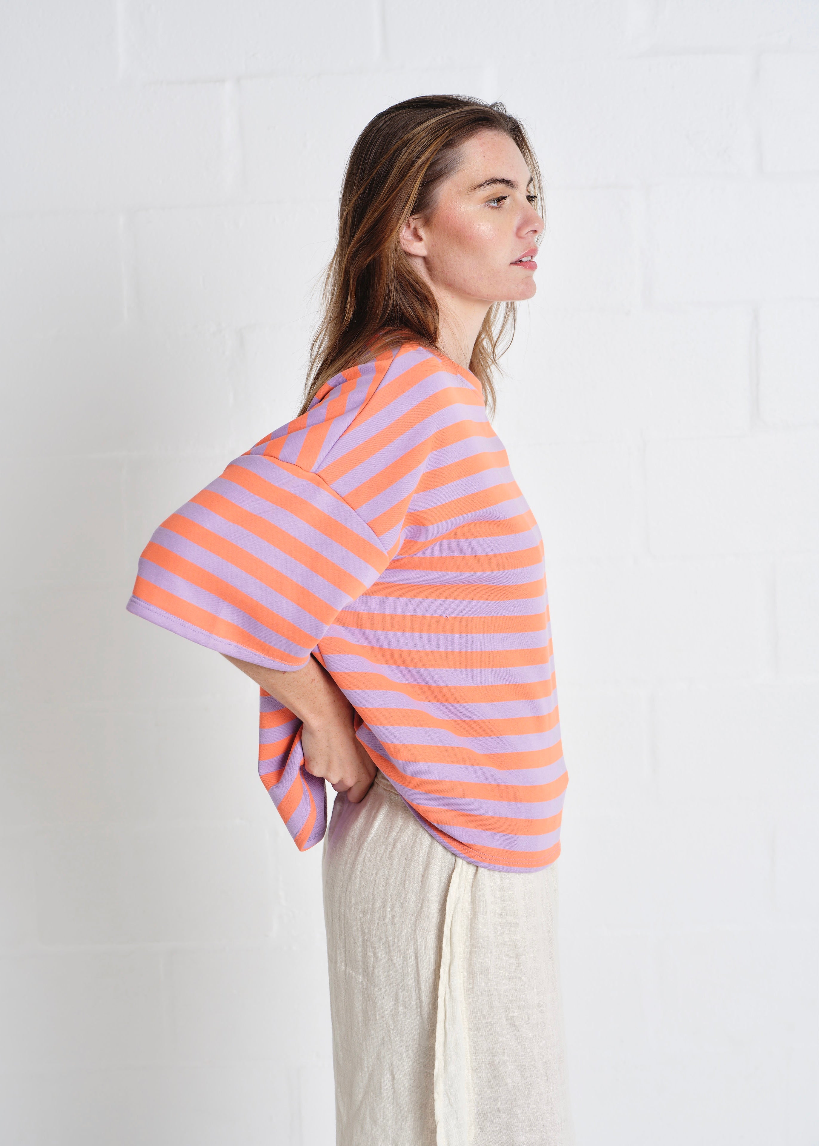 Tribeca Italian Stripe Tracksuit Tee In Lilac And Orange