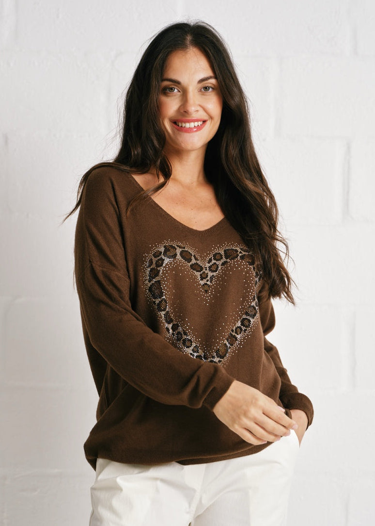 Oversized V Neck Knit, Diamanté Heart In Coffee