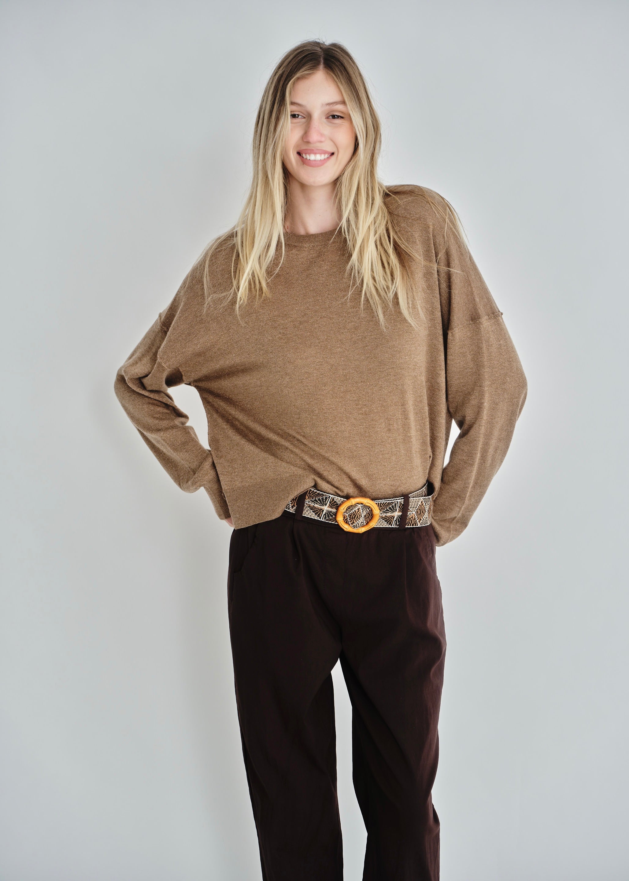 Classic Lurex Crew Neck Knit In Caramel