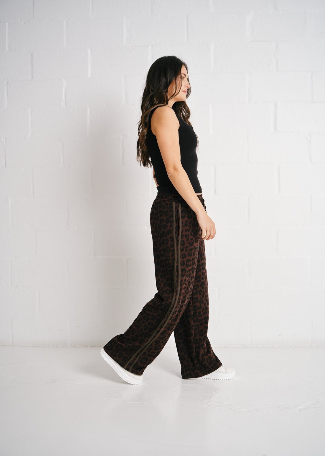 Ravenna Leopard Wide Leg Side Stripe Pants In Chocolate Brown