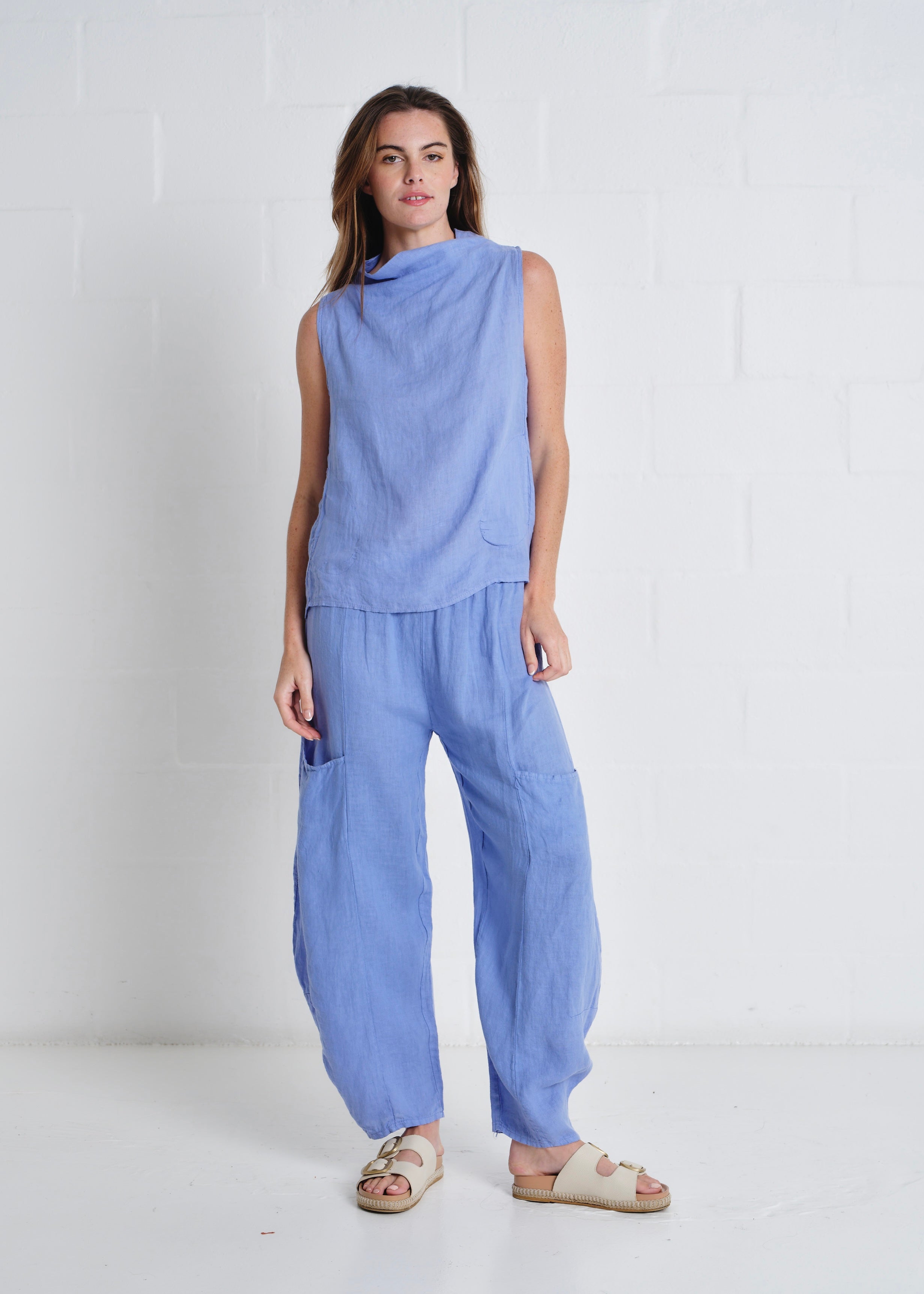 Antibes Italian Linen Barrel Pants in Blue