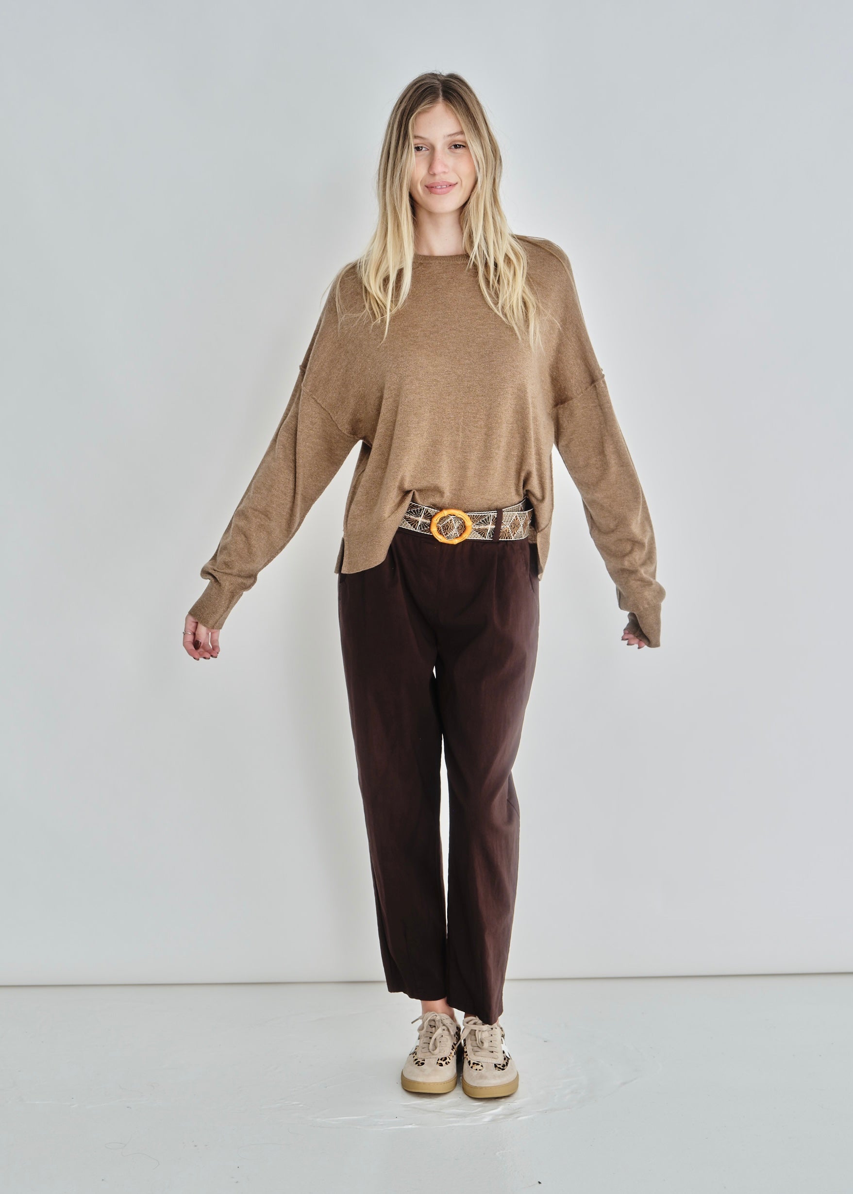 Classic Lurex Crew Neck Knit In Caramel