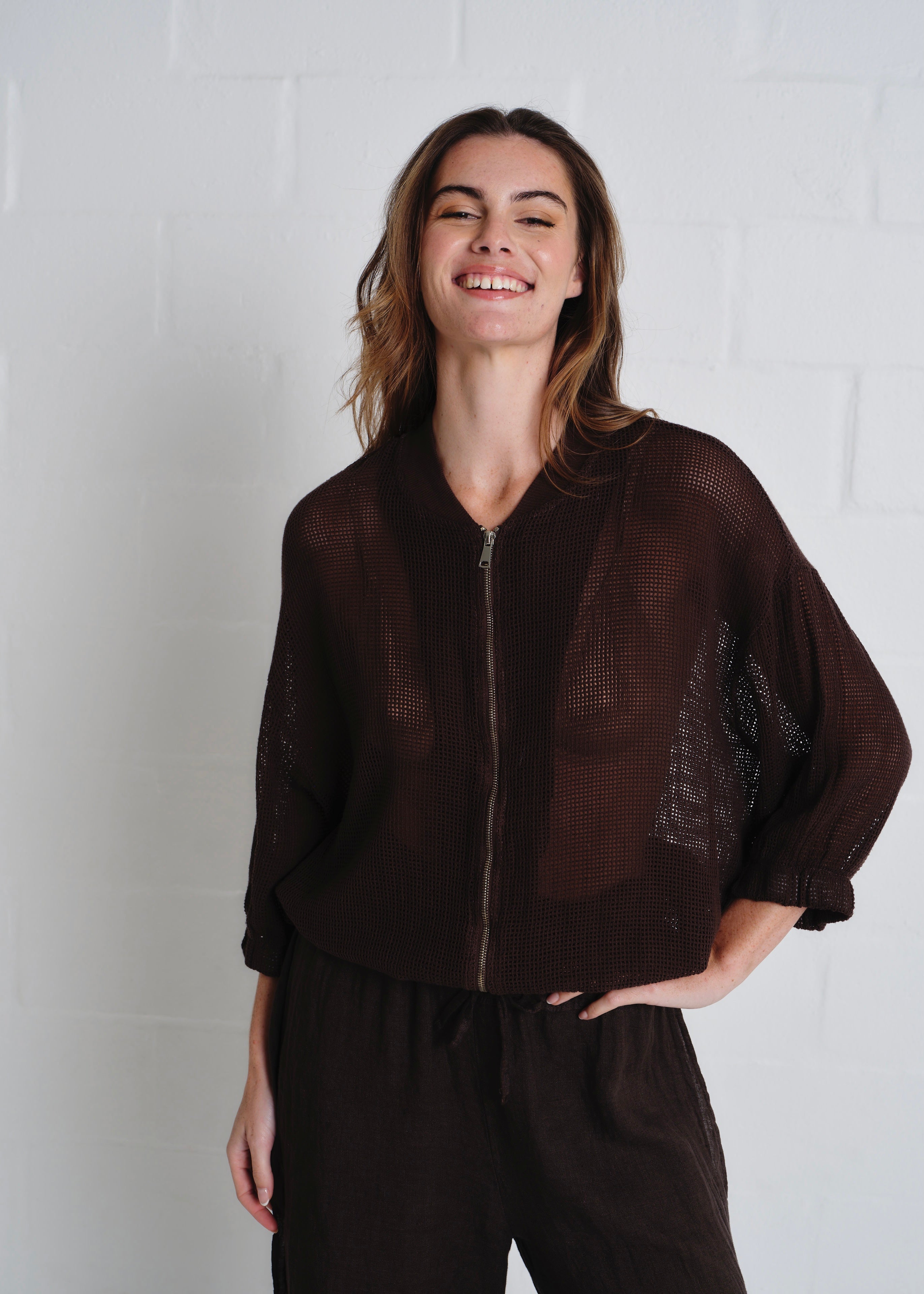 Saint Tropez Crochet Zip Up Jacket In Chocolate