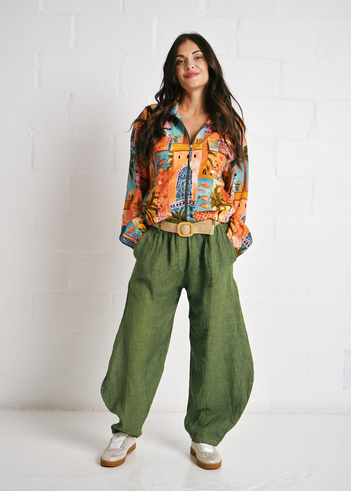 Antibes Italian Barrel Linen Pants With Belt In Khaki