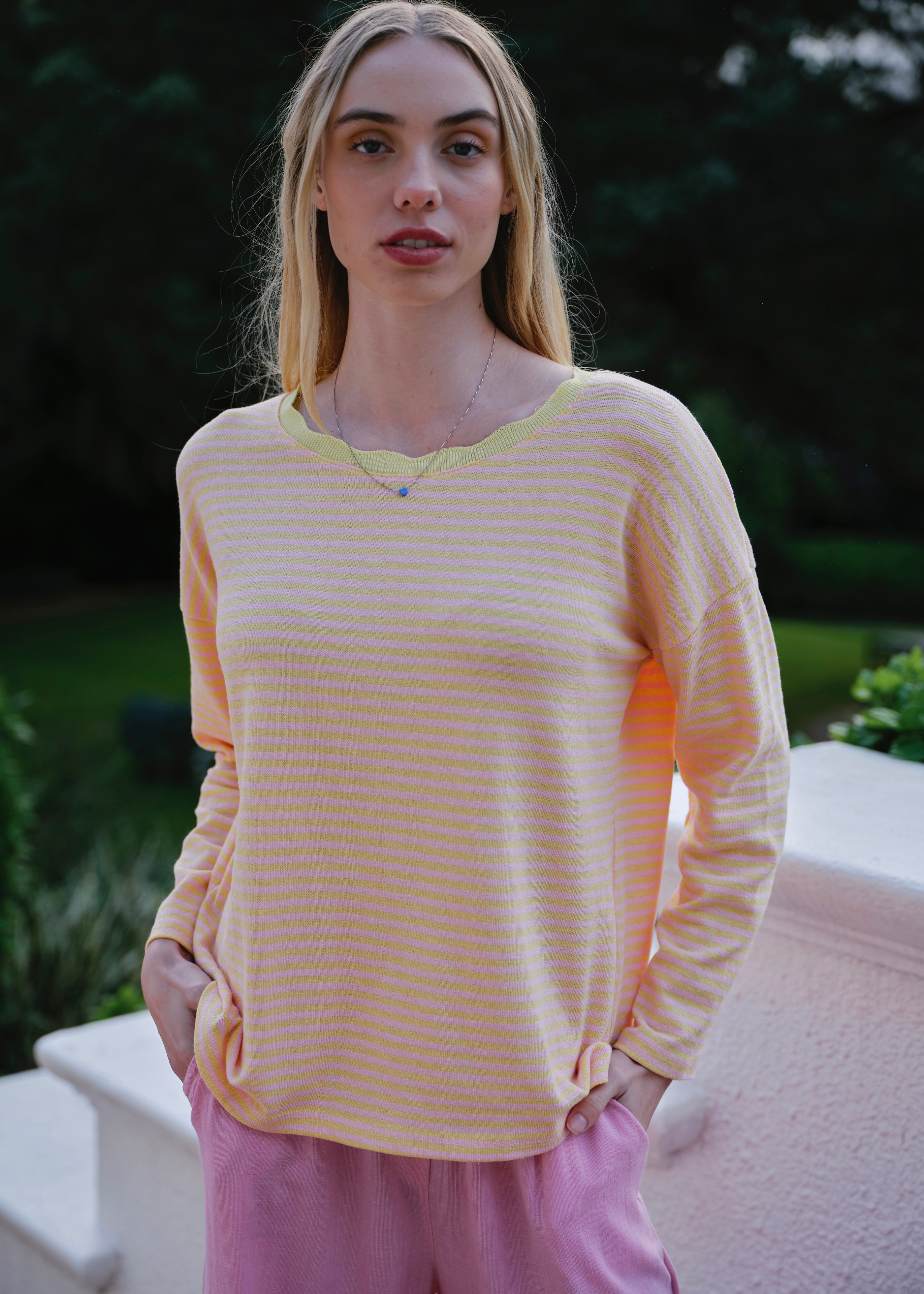 Bologna Italian Crew Neck Long Sleeved Striped Cotton Tee In Yellow And Pink
