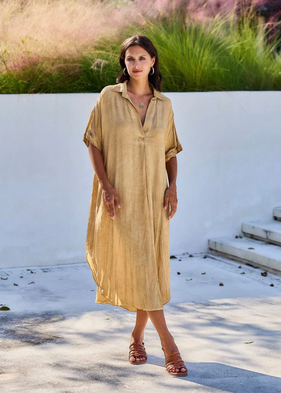 Linen Blend Bohemian Dress in Stonewashed Caramel