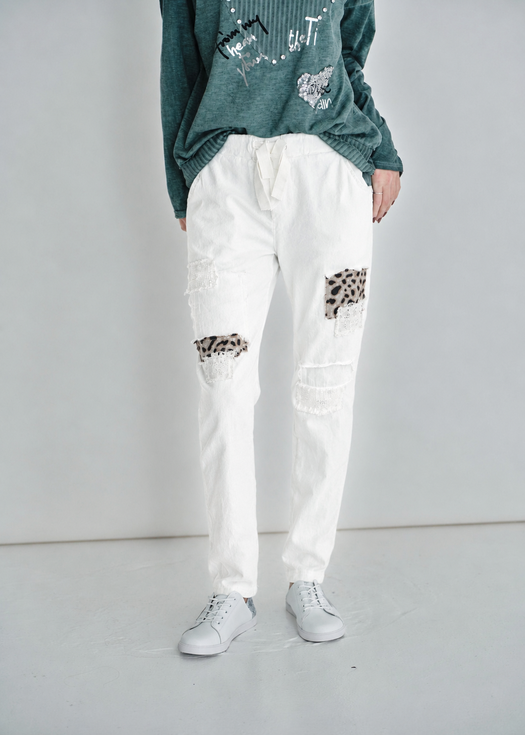 Leopard Sequin Joggers In White