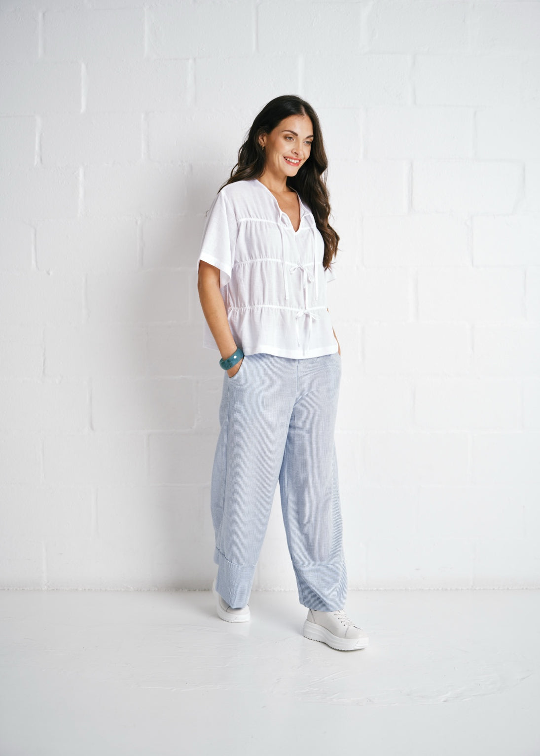 Tiered Tie-Front Linen Blend Top In White