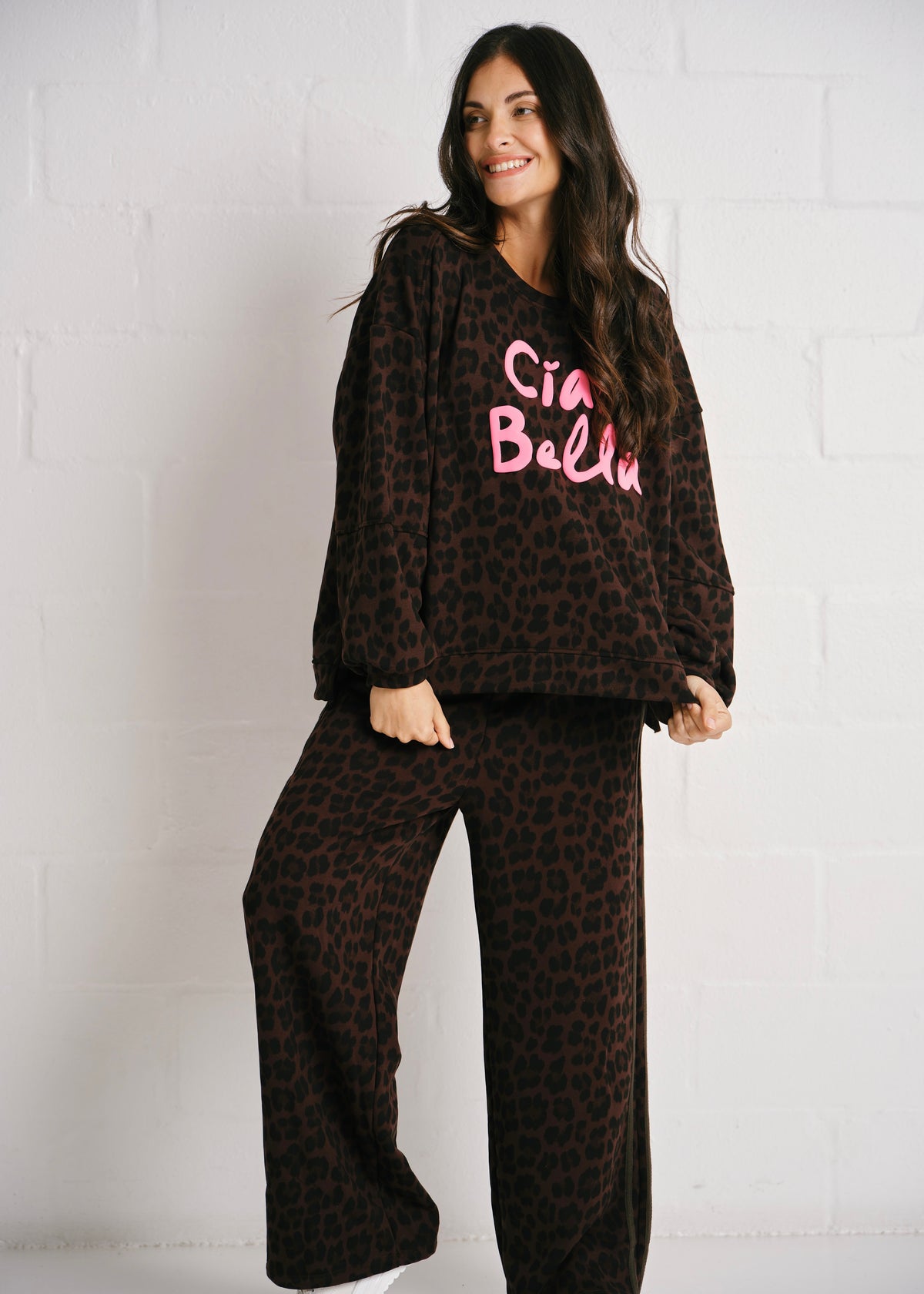 Bologna Ciao Bella Leopard Sweatshirt Pink Text In Brown
