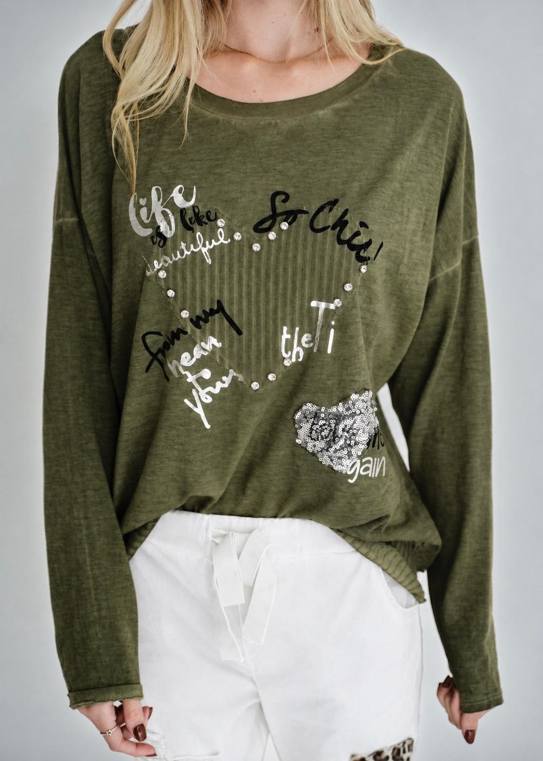 Corazon Italian Cotton Jumper In Khaki Green