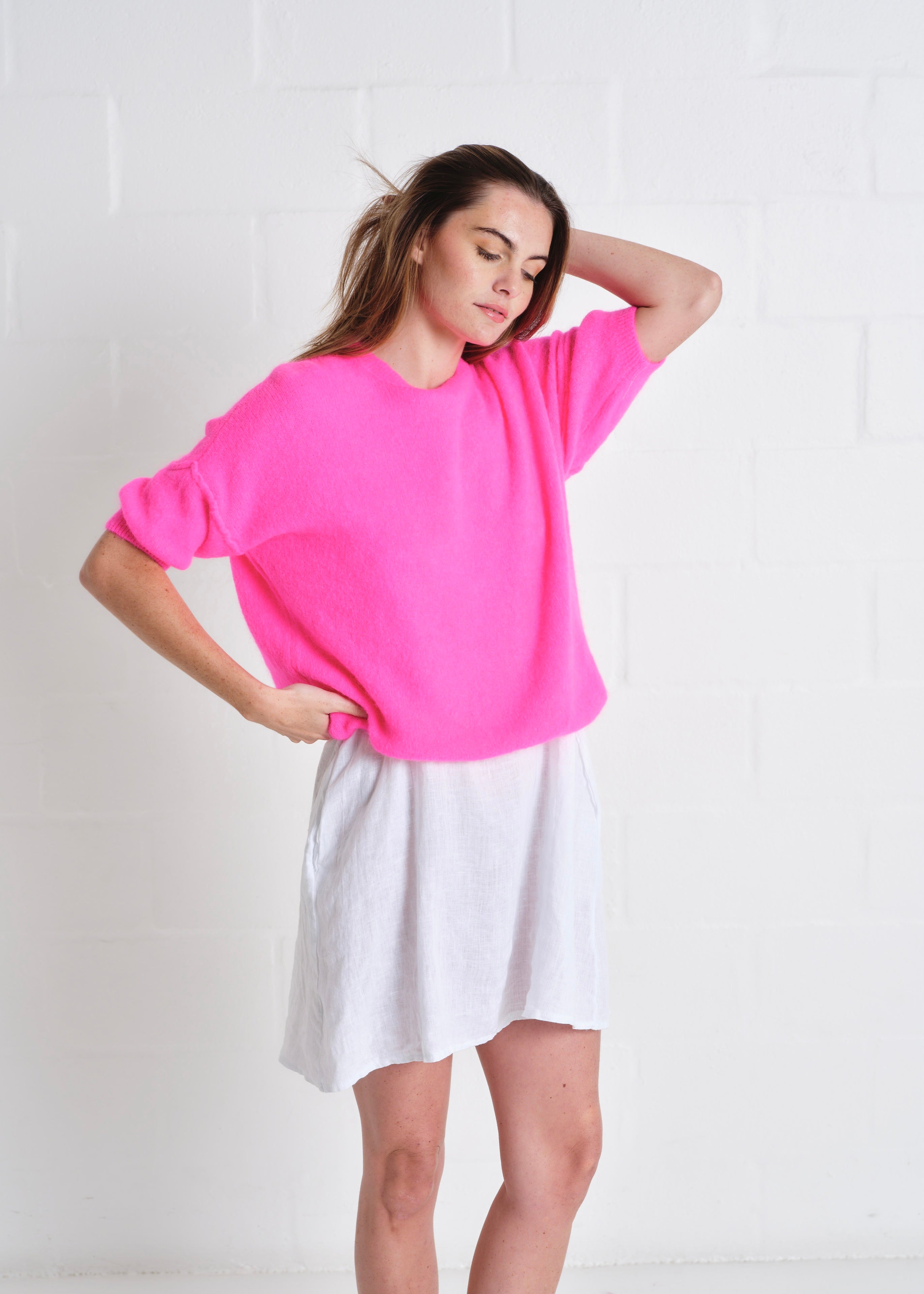 Dolly SS Round Neck Knit In Luminous Pink
