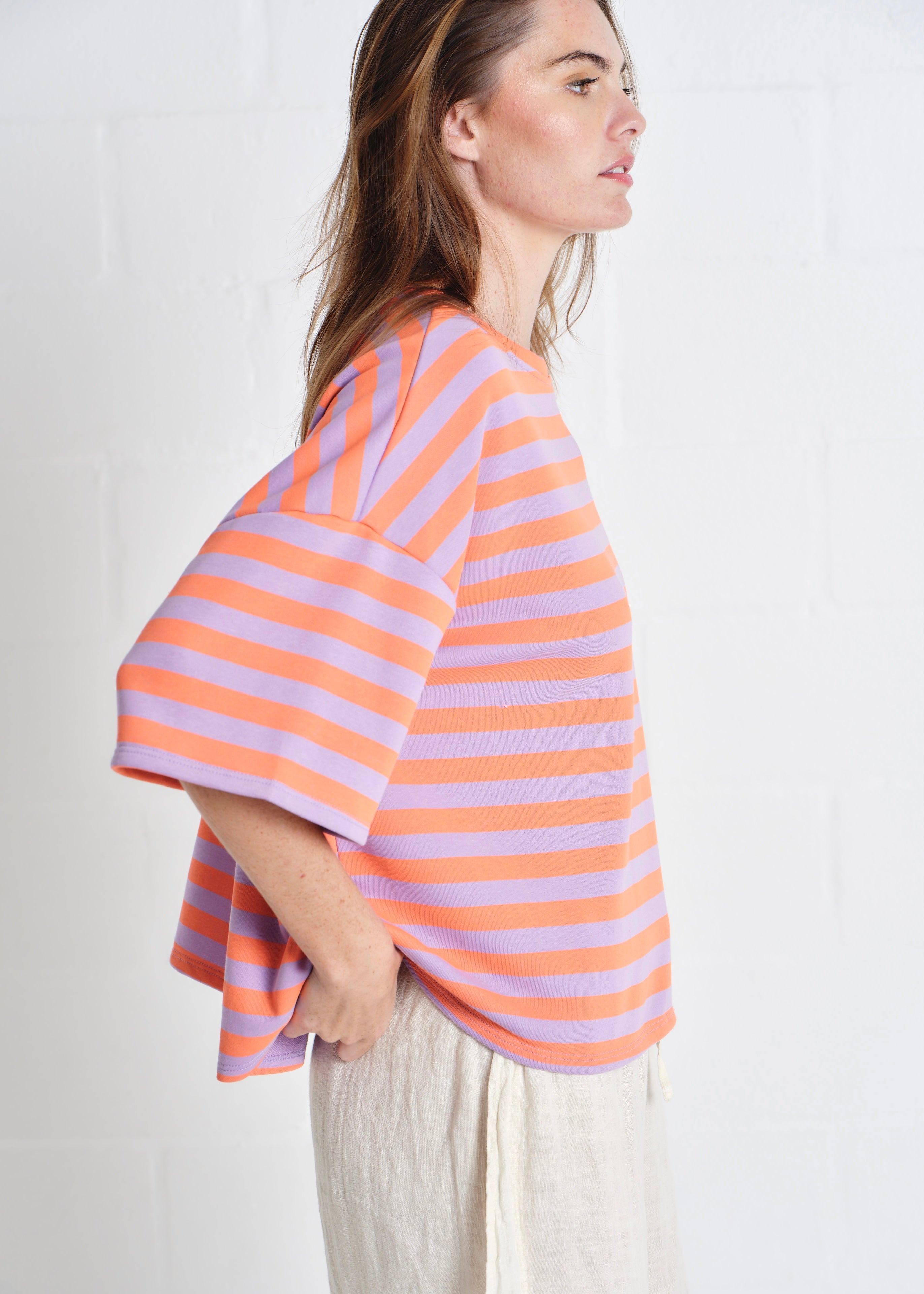 Tribeca Italian Stripe Tracksuit Tee In Lilac And Orange