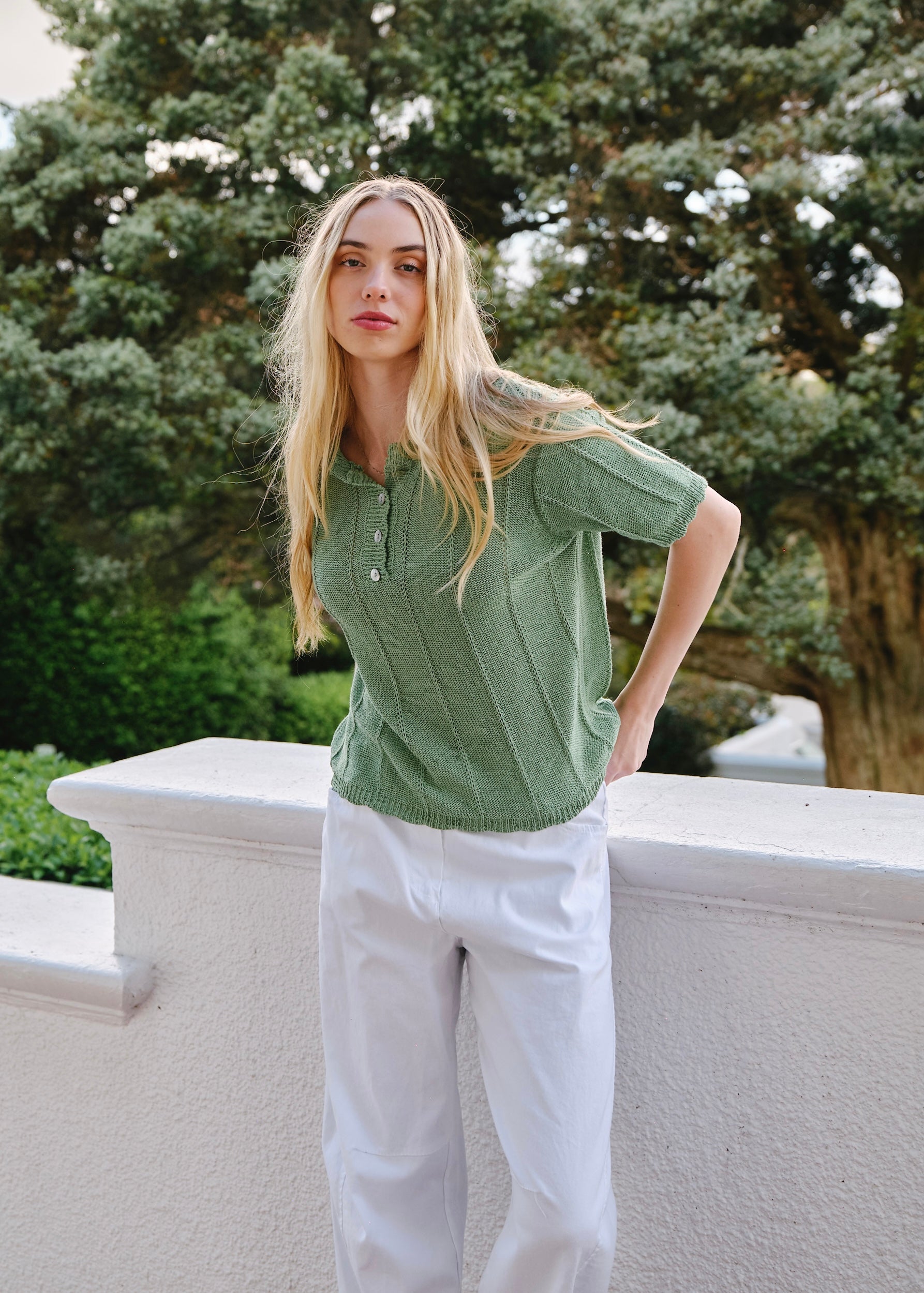 Mila Italian Loose Weave Knit Cotton Tee In Green