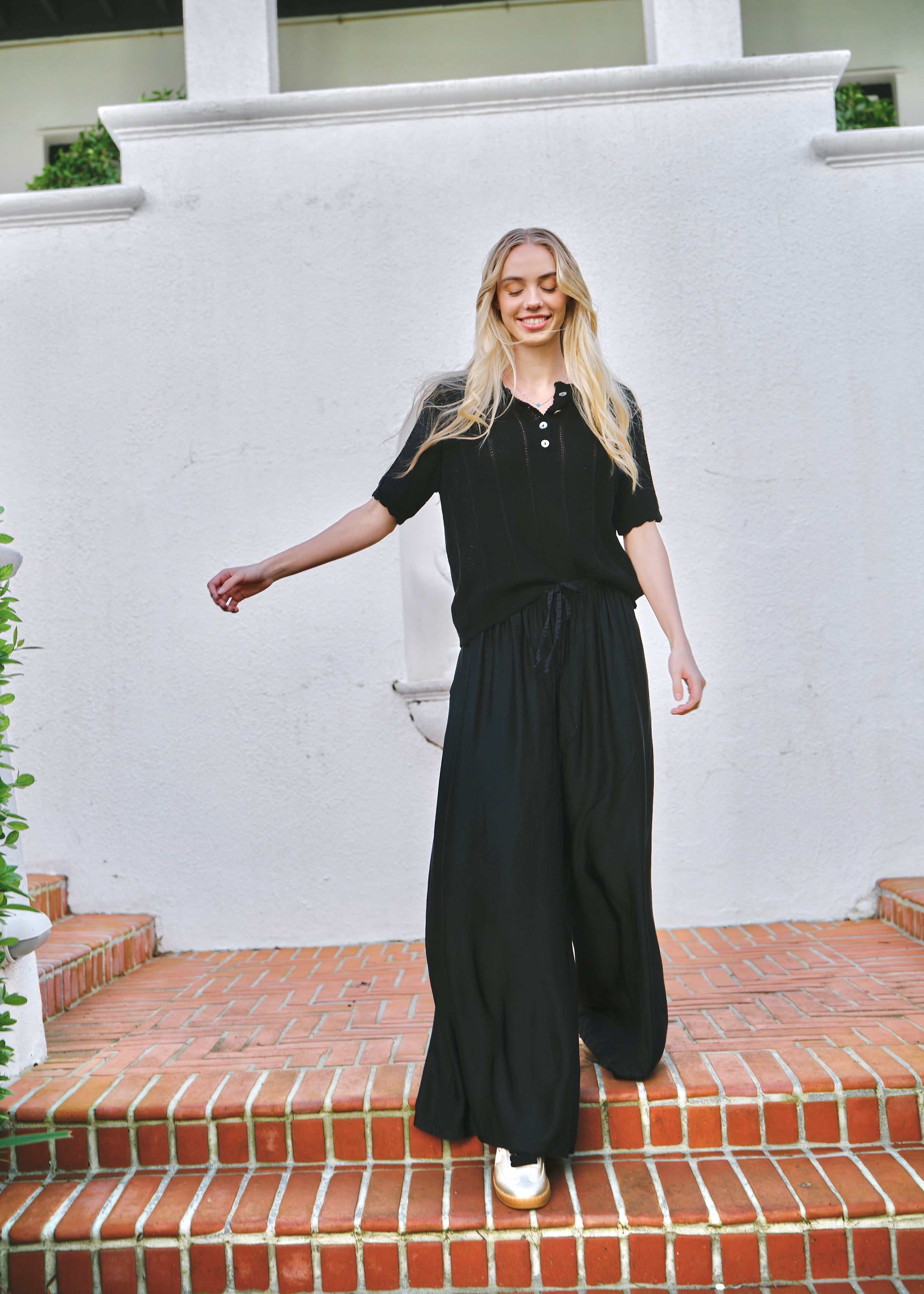 Satin Feel Palazzo Pants With Drawstring In Black