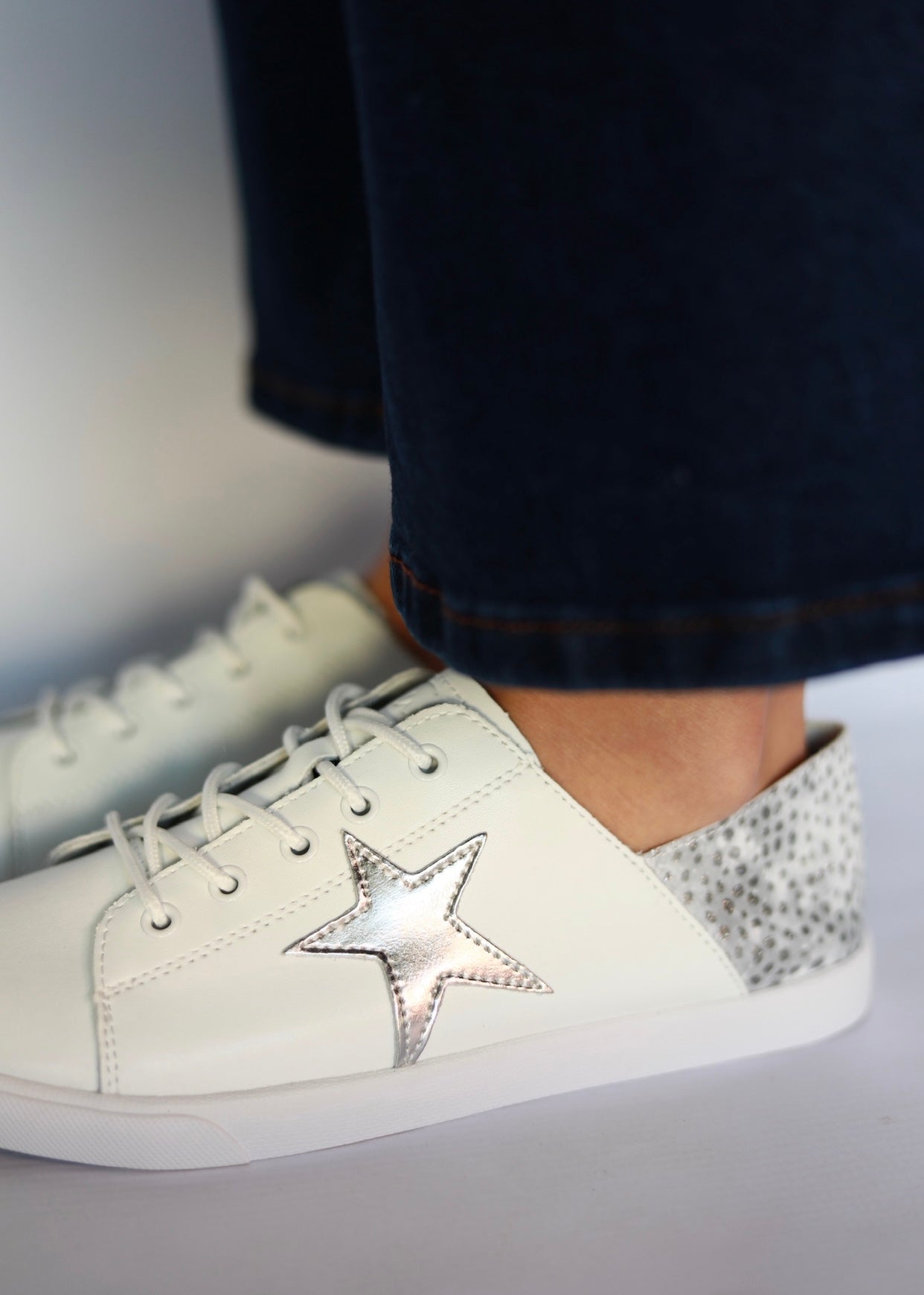 Vicki Leather Sneaker in White With Grey Spots
