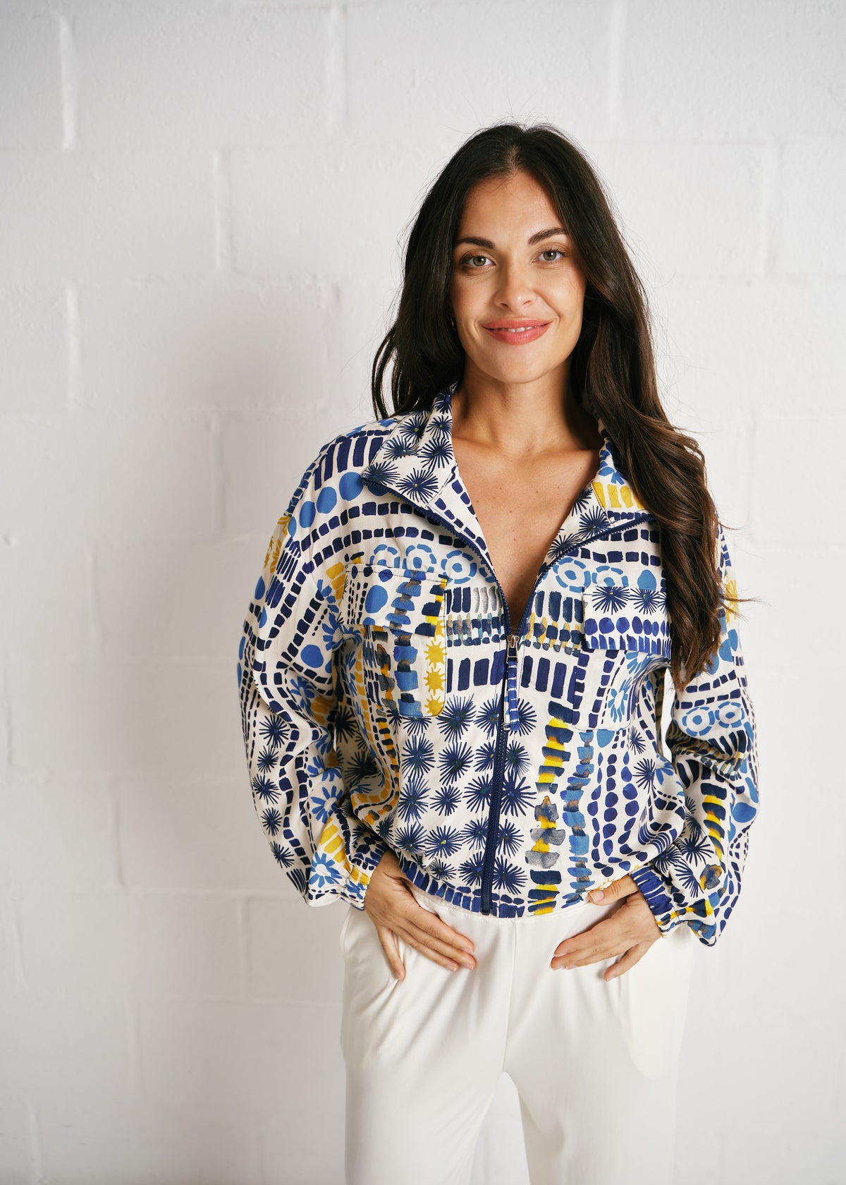 The Brushstroke Bomber Jacket With Abstract Print In Cream