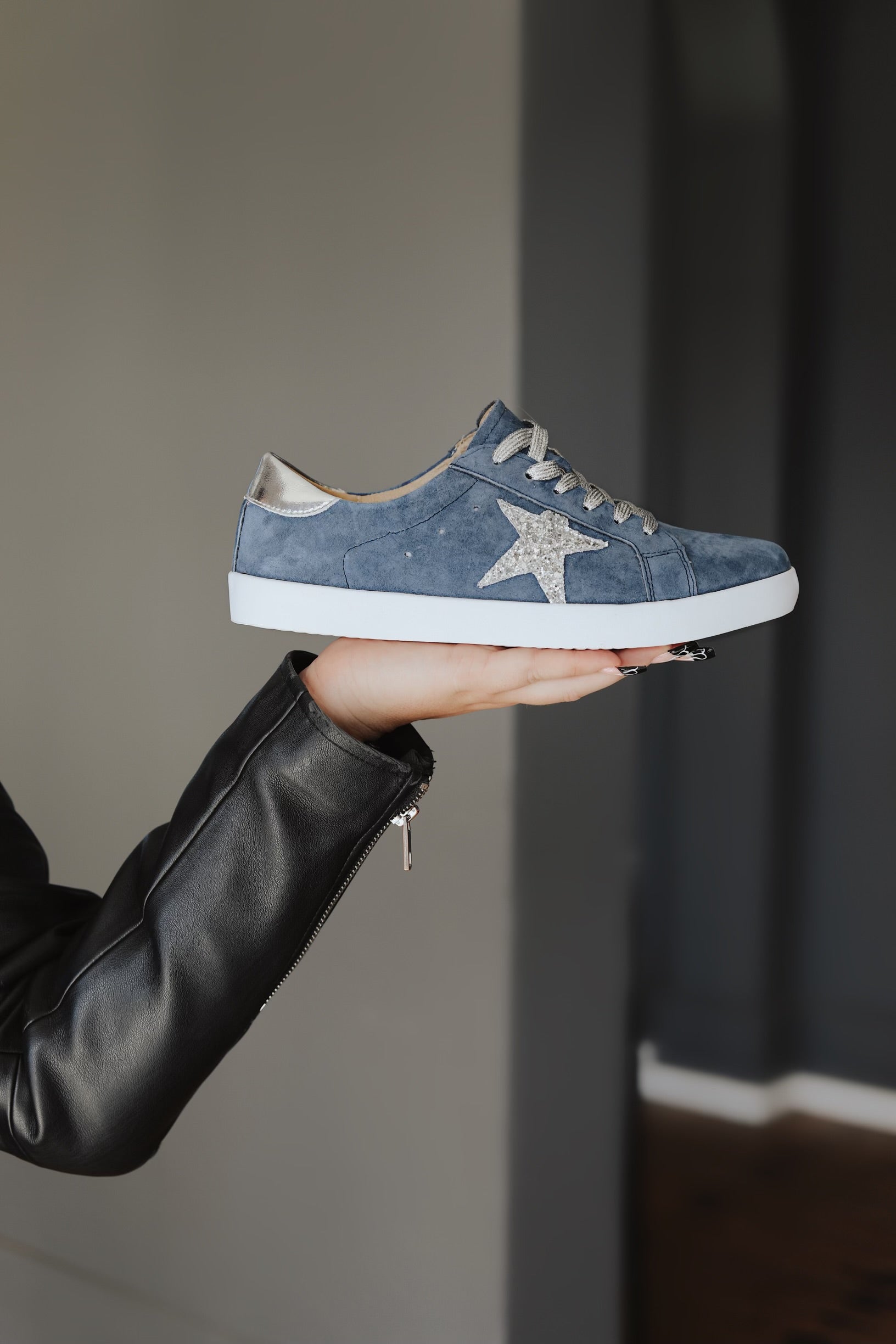 Jose Leather Sneaker With Silver Print Star In Navy