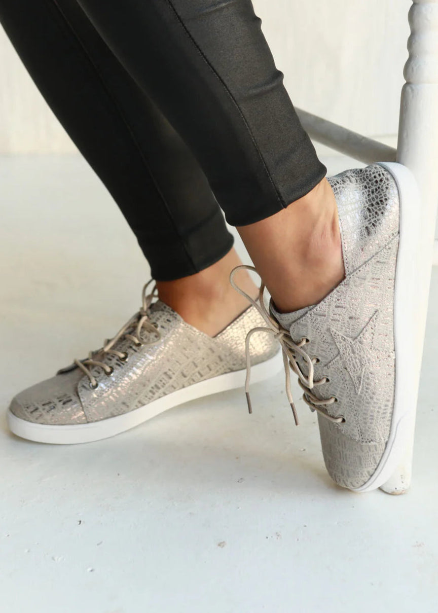 Vicki Snake Print Sneaker In Pewter