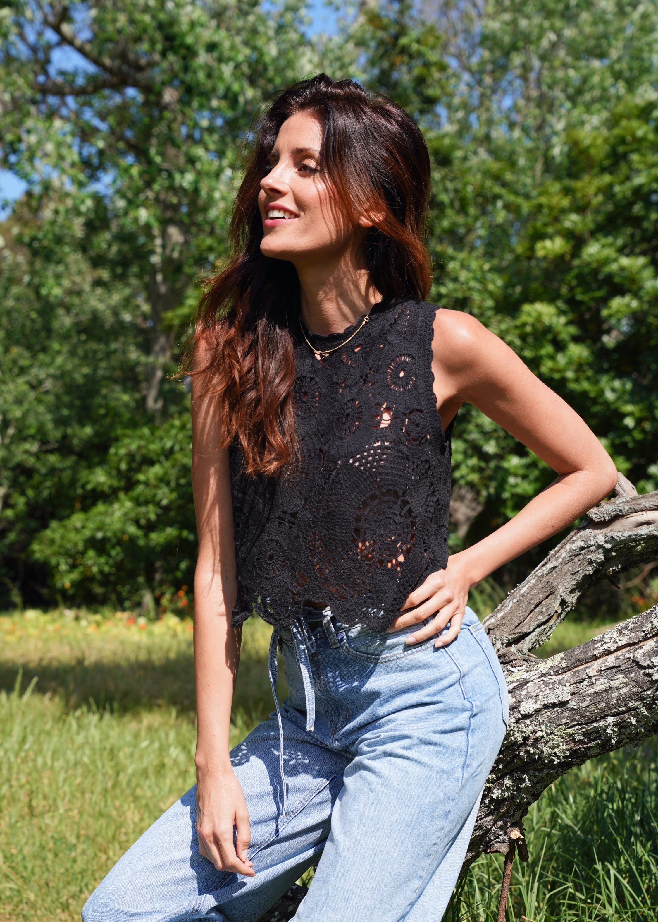 Nara Crochet Cotton Top In Black