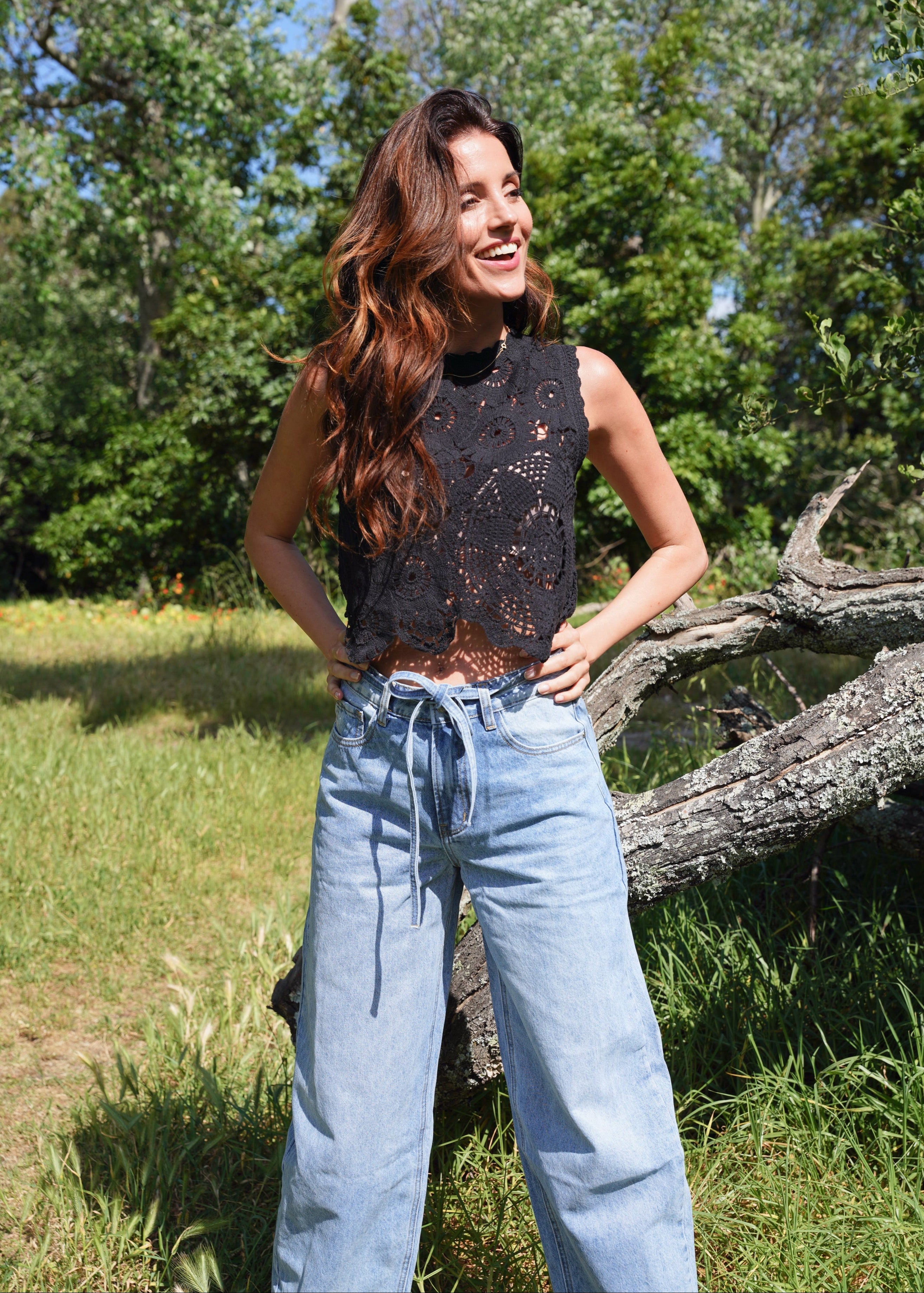 Nara Crochet Cotton Top In Black