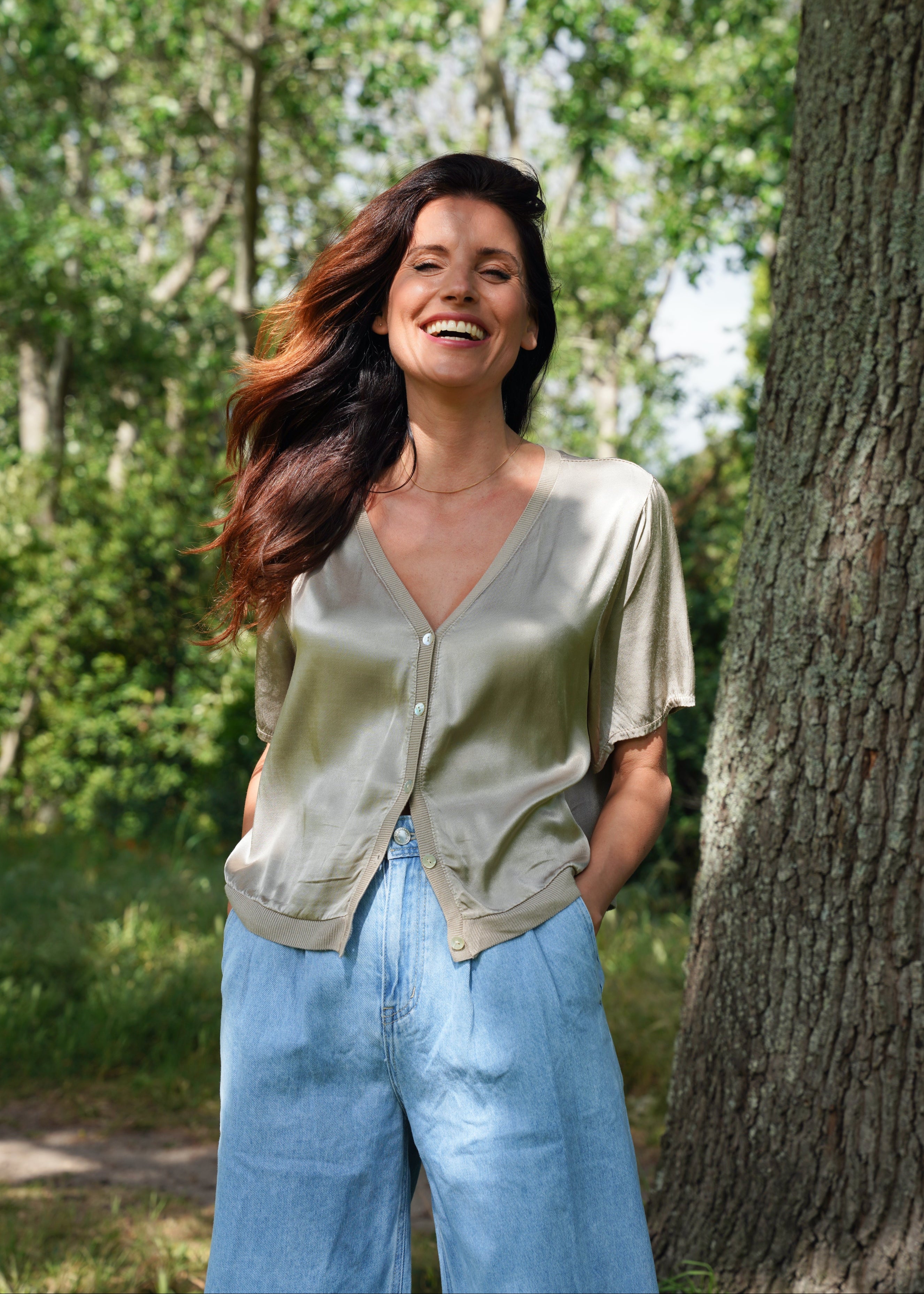 Italian Satin Blouse With V and front Buttons In Champagne