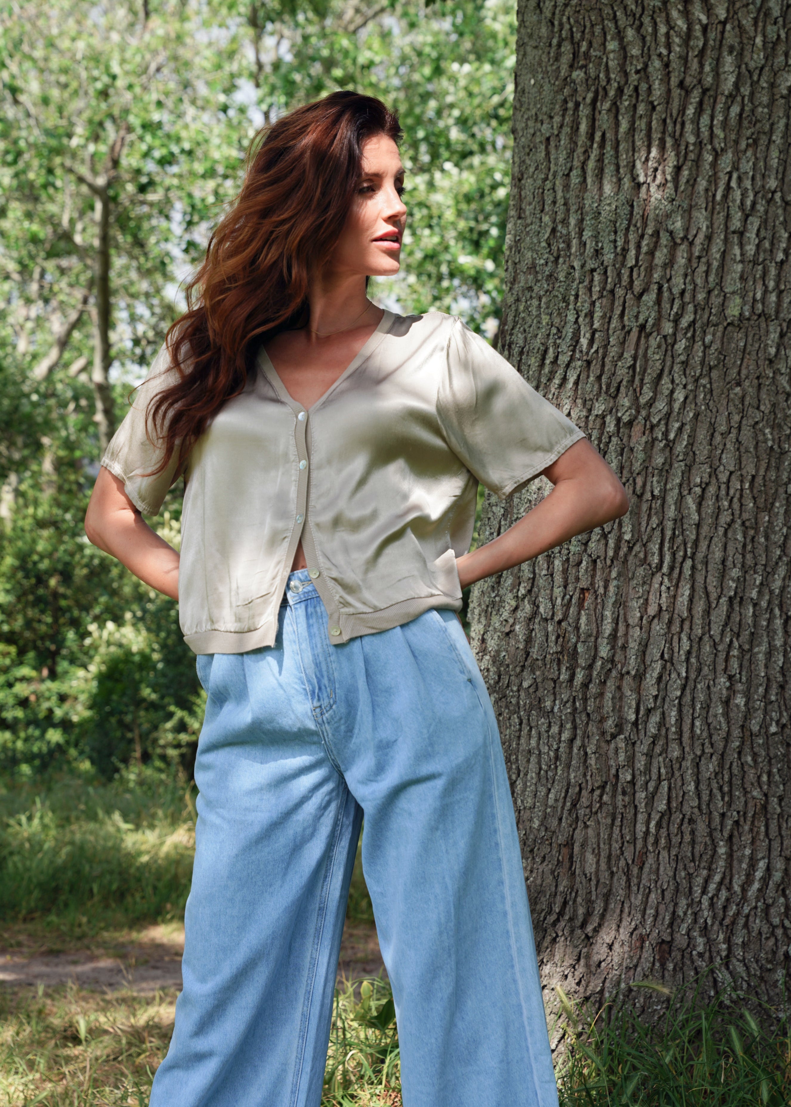 Italian Satin Blouse With V and front Buttons In Champagne