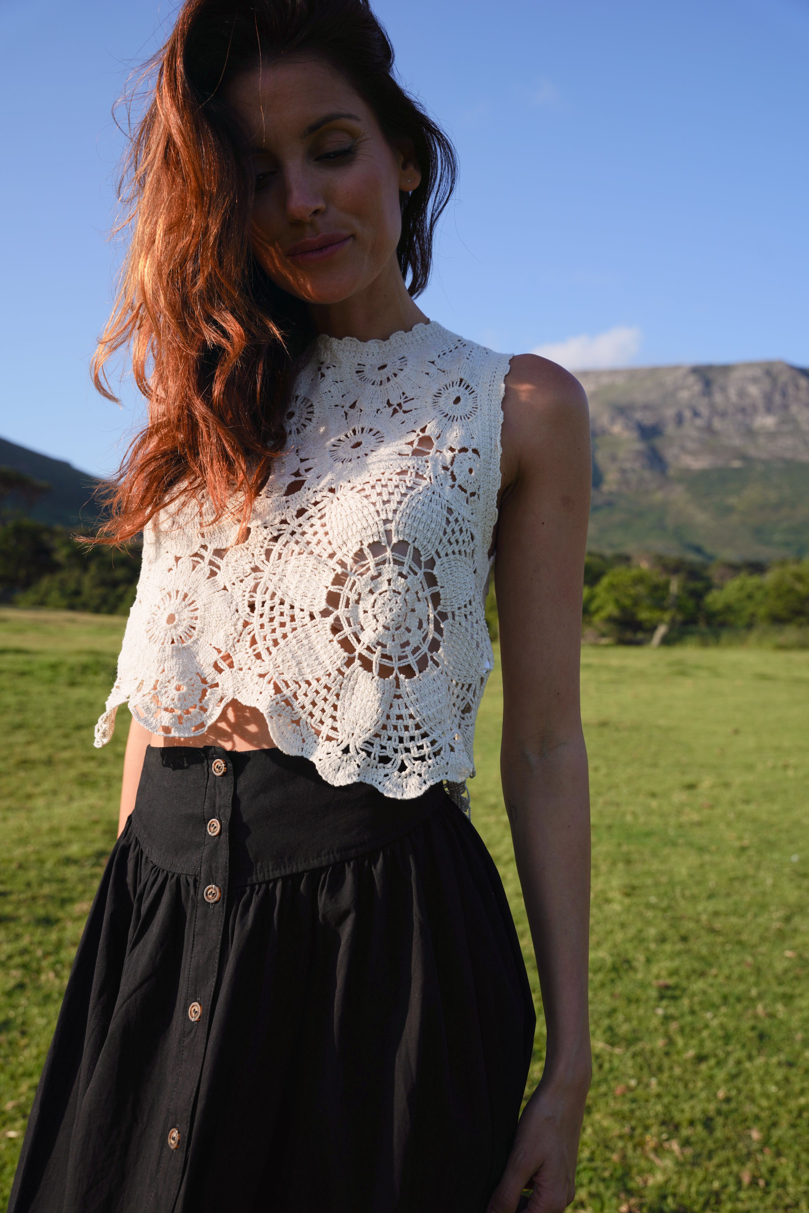 Nara Crochet Cotton Top In Beige
