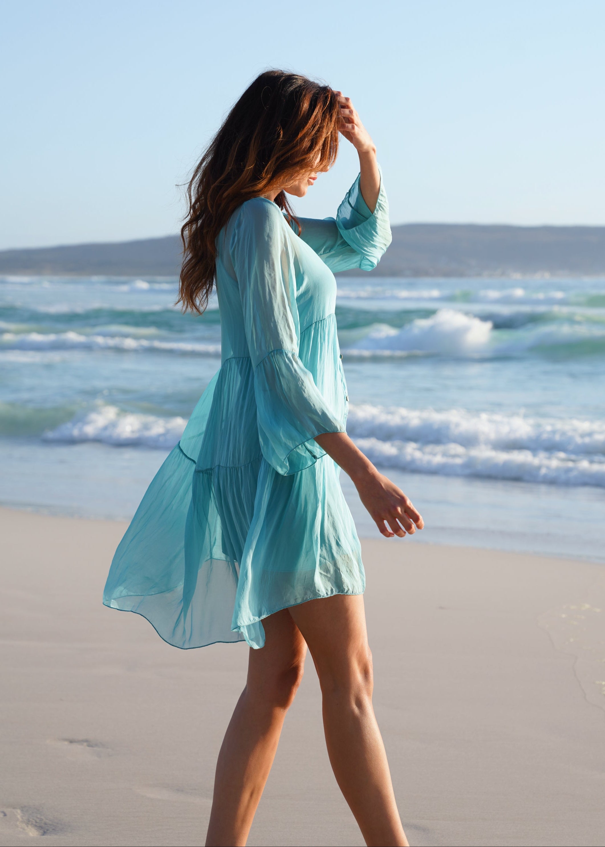 Rio Silk Tiered Italian Dress In Turquoise