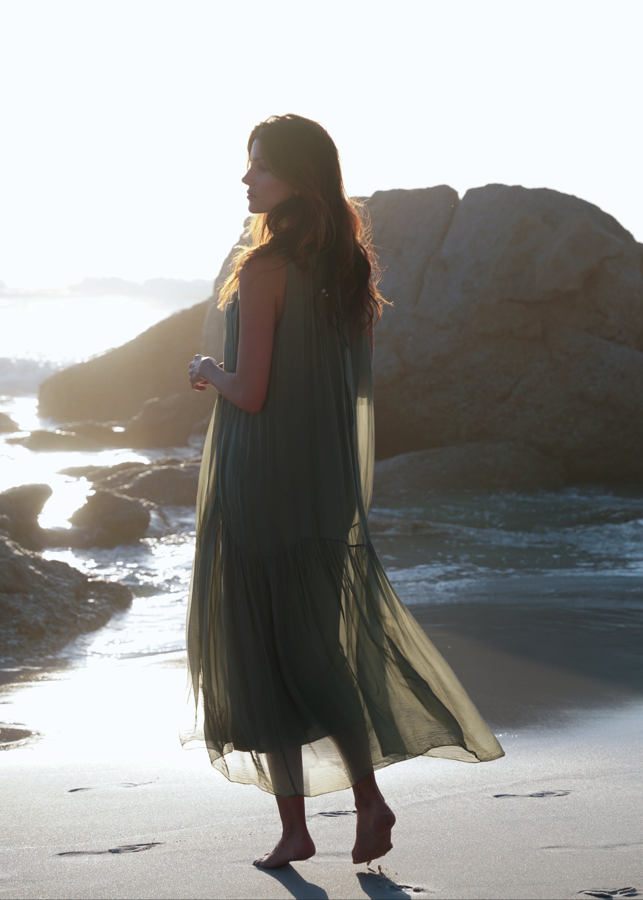 Copacabana Sleeveless Silk Maxi Dress In Khaki