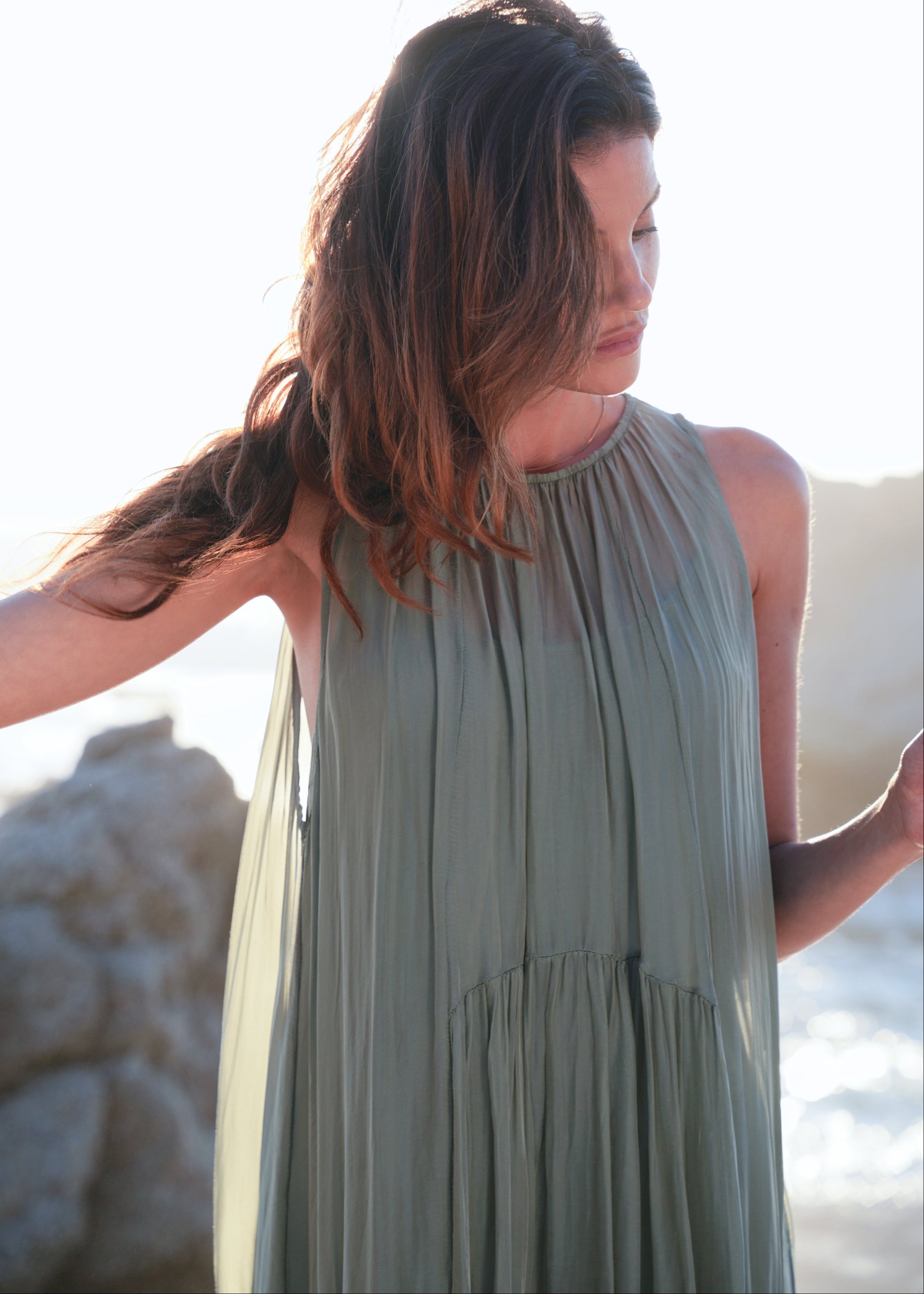 Copacabana Sleeveless Silk Maxi Dress In Khaki