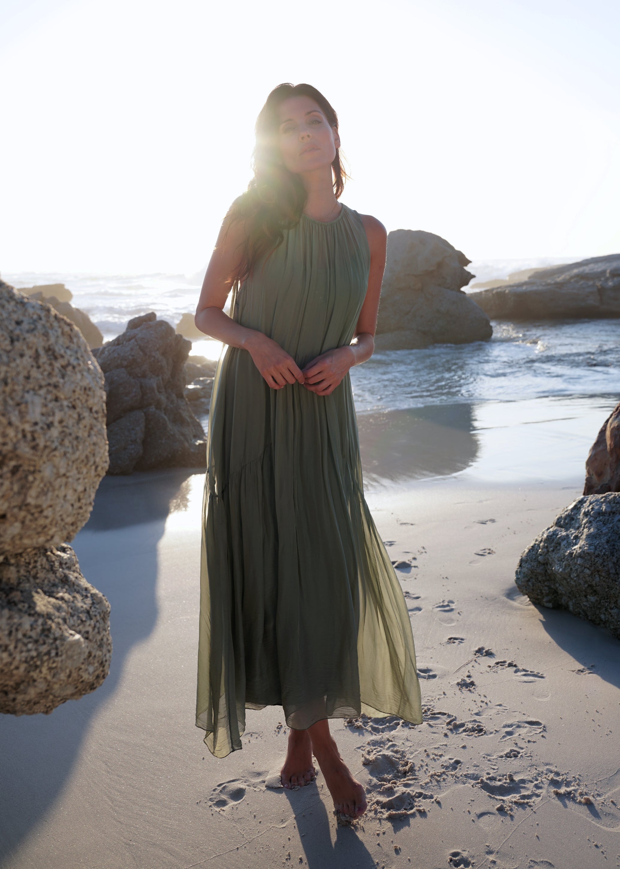Copacabana Sleeveless Silk Maxi Dress In Khaki