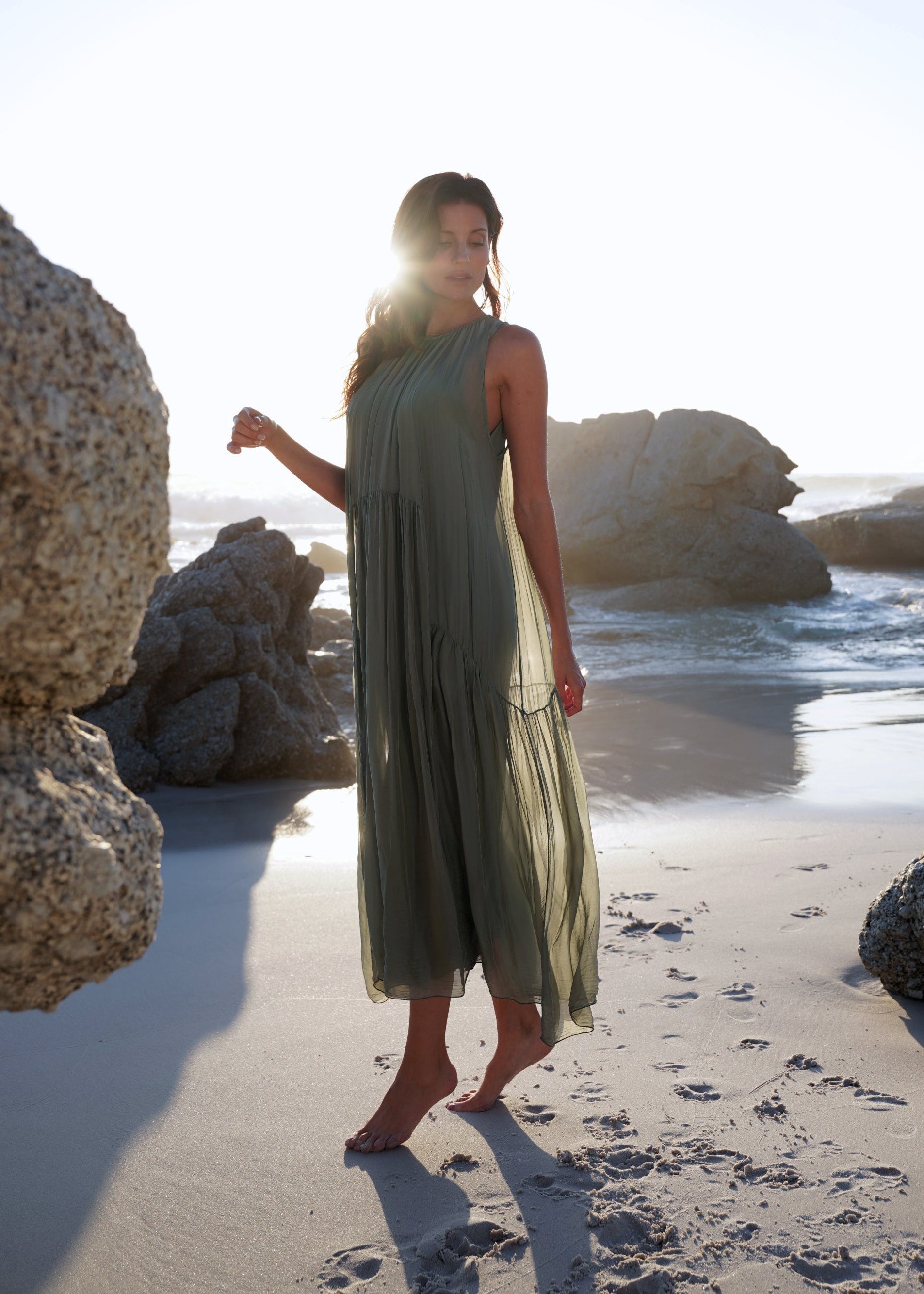 Copacabana Sleeveless Silk Maxi Dress In Khaki