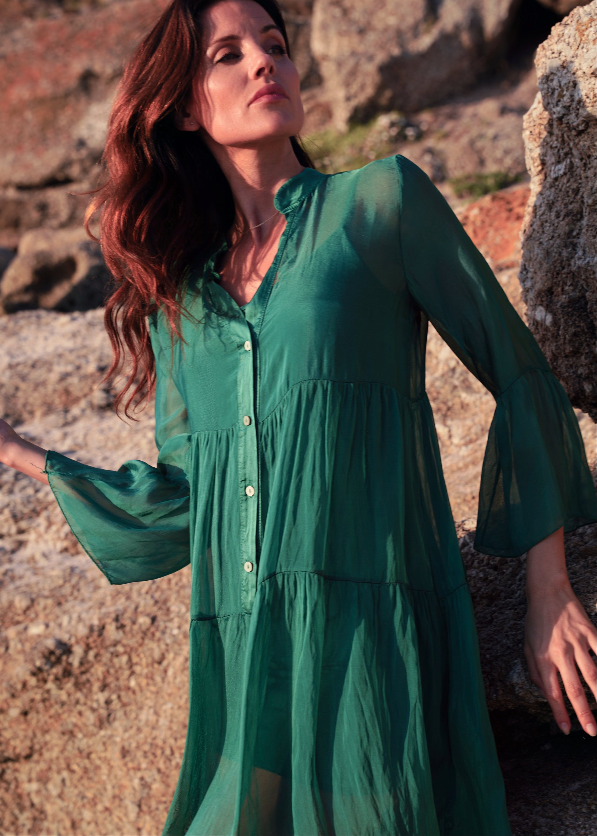 Rio Silk Tiered Dress In Emerald