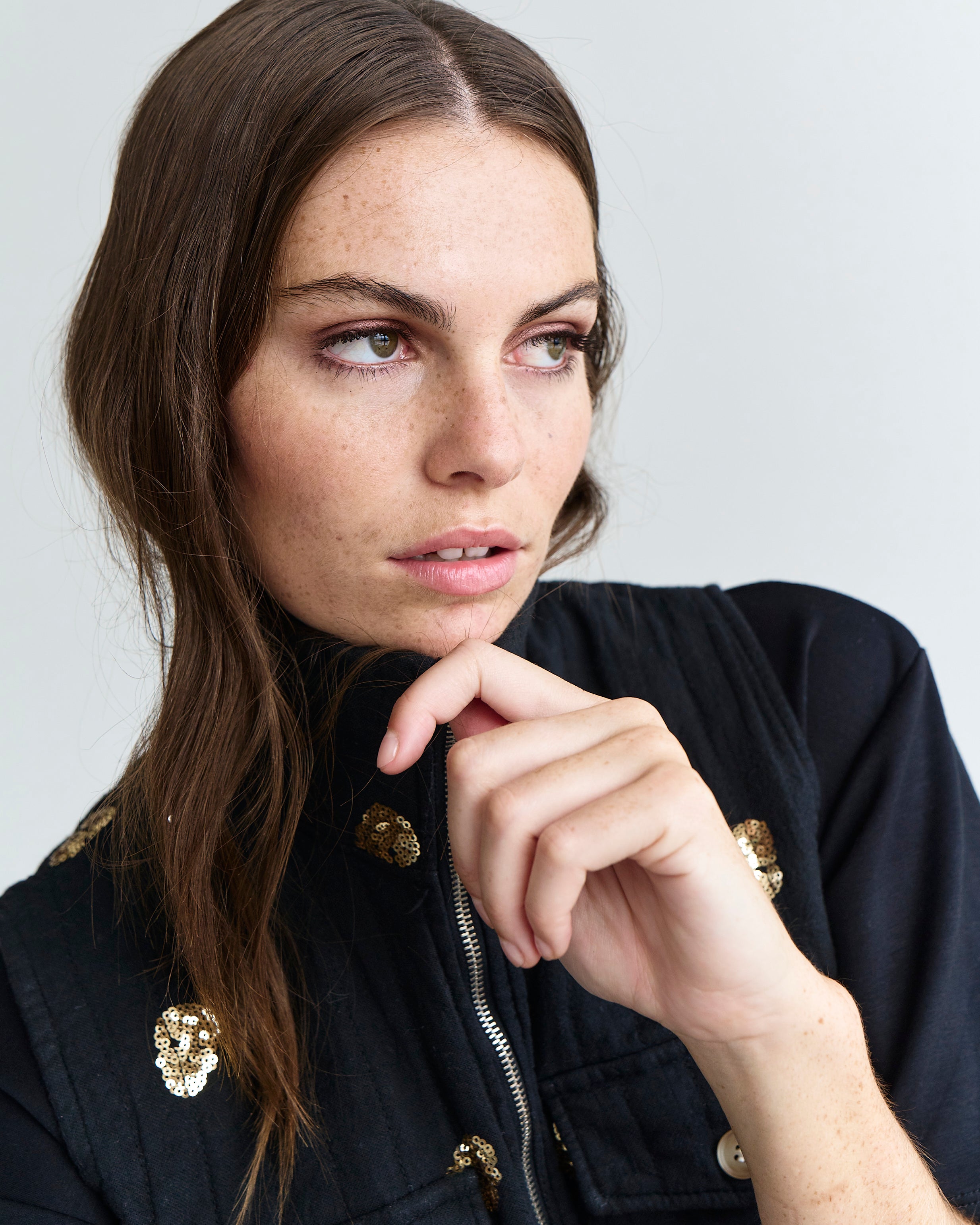 Italian Sleeveless Jacket with Gold Sequins in Black