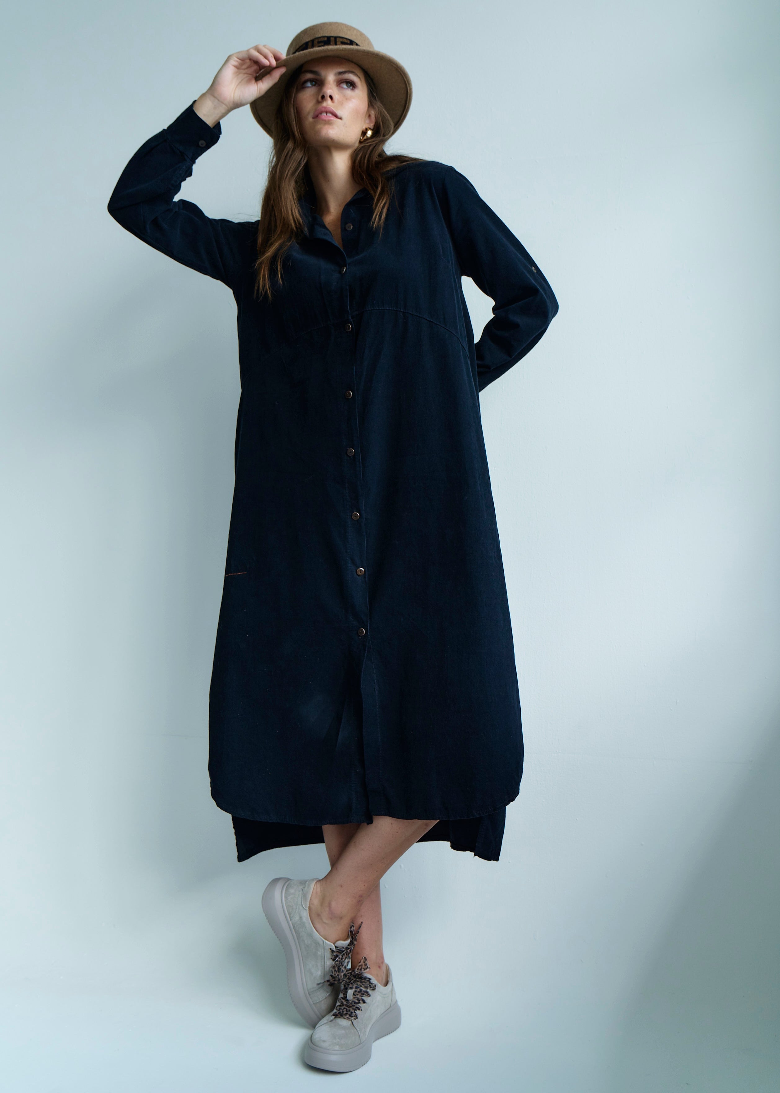 Roma Italian Velour Button up Dress in Blue Marine