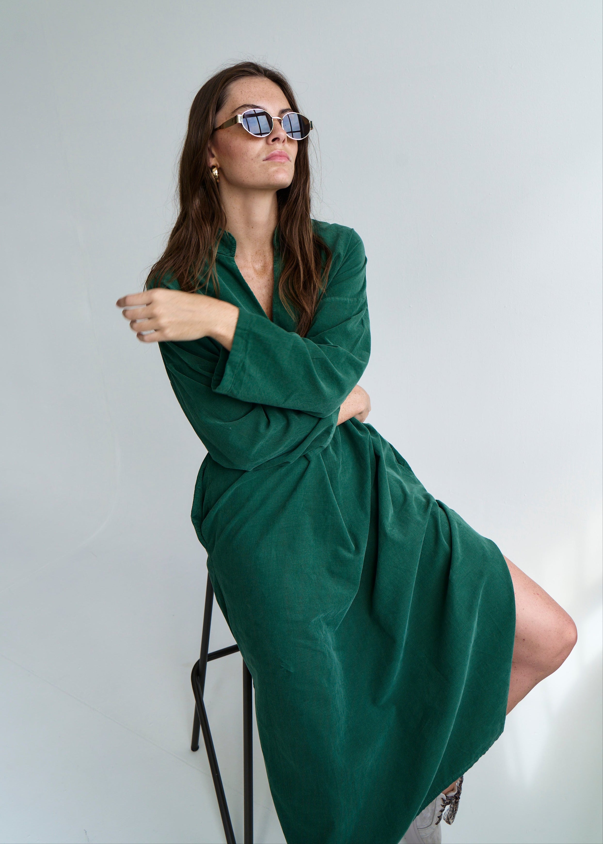 Stella Italian Velour Deep V Neck Dress in Bottle Green