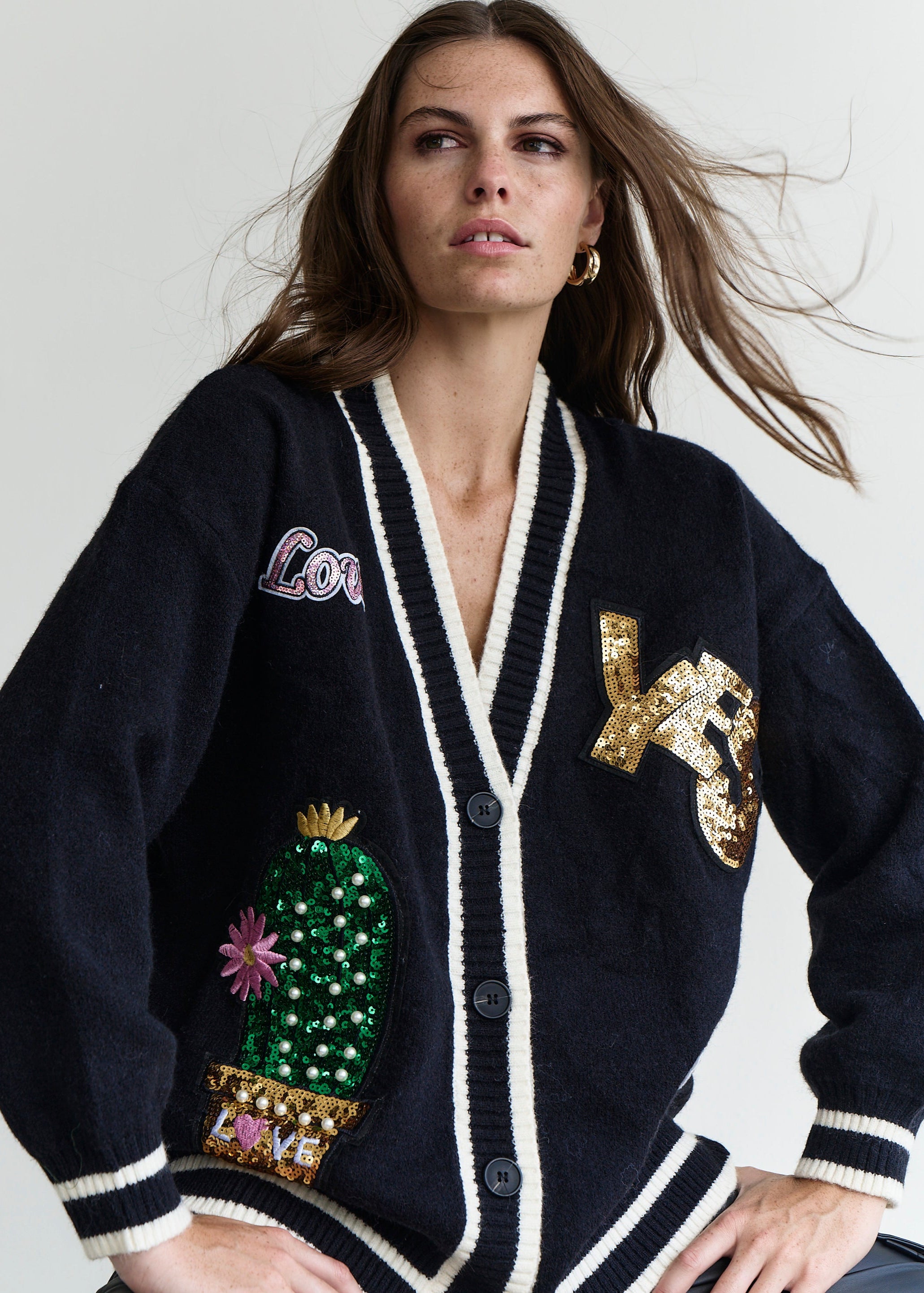 Murakami Embellished Knitted Cardigan with Sequin Motif in Black