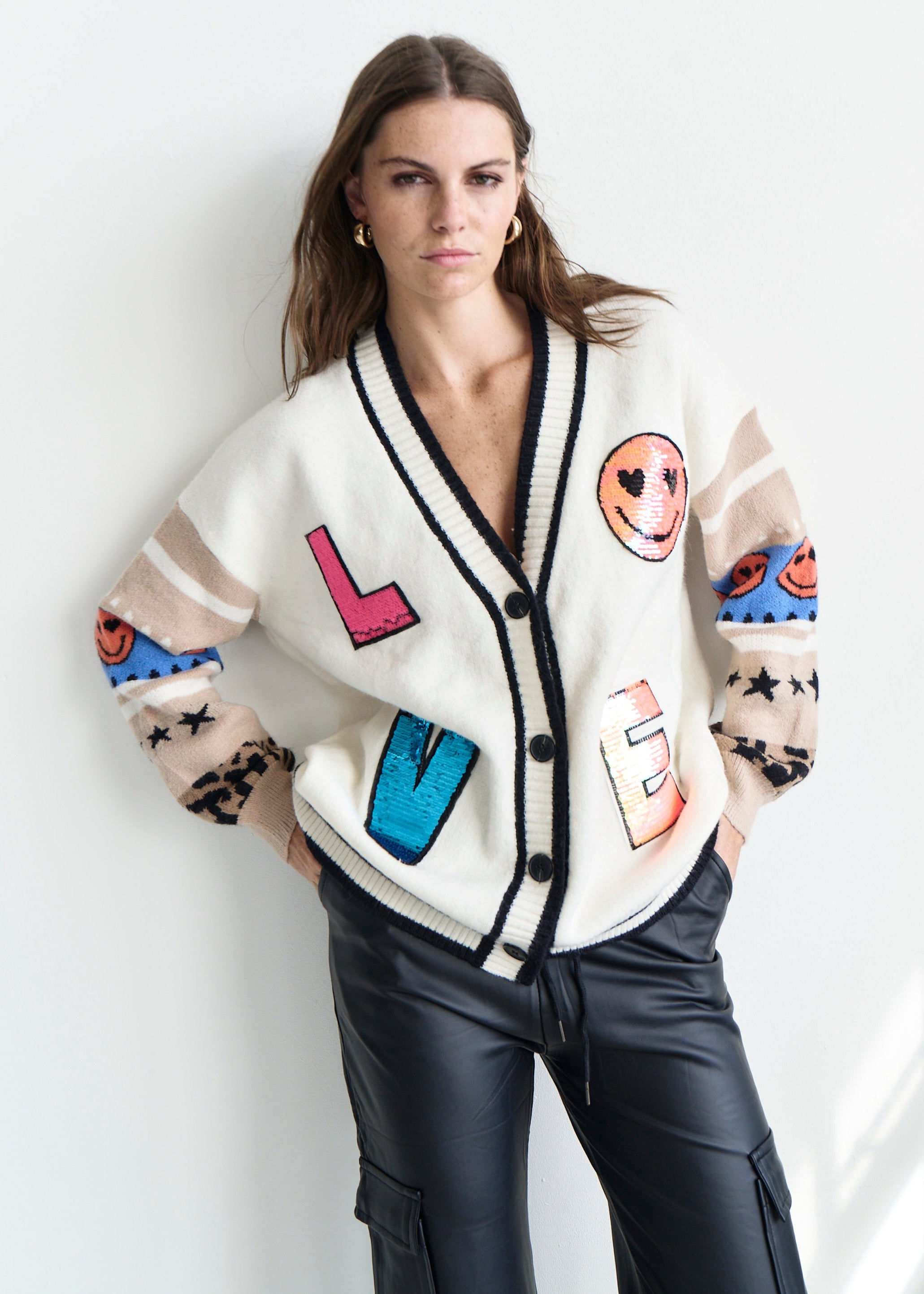 Murakami Embellished Knitted Cardigan with Love Sequin Motif in Cream