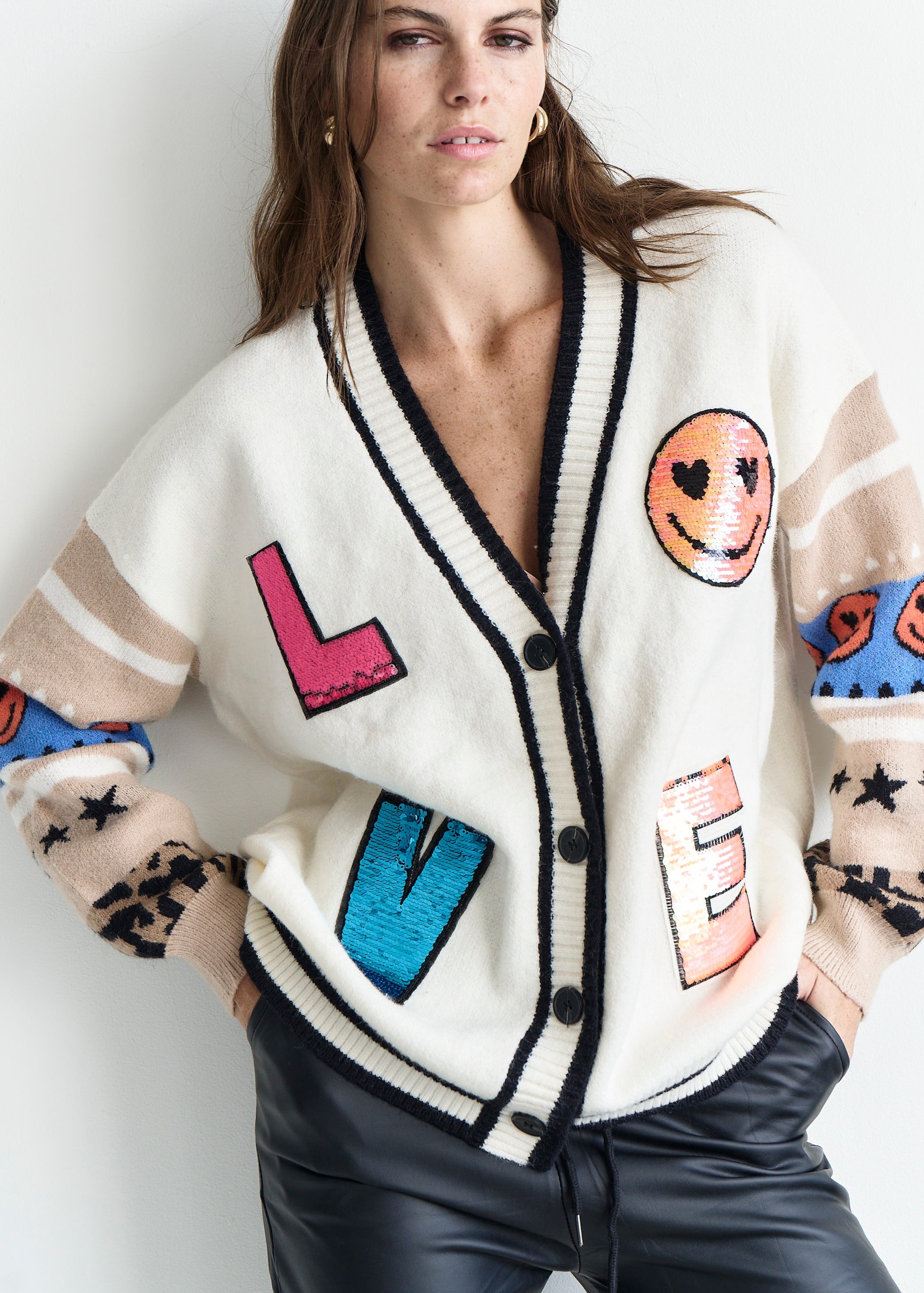 Murakami Embellished Knitted Cardigan with Love Sequin Motif in Cream