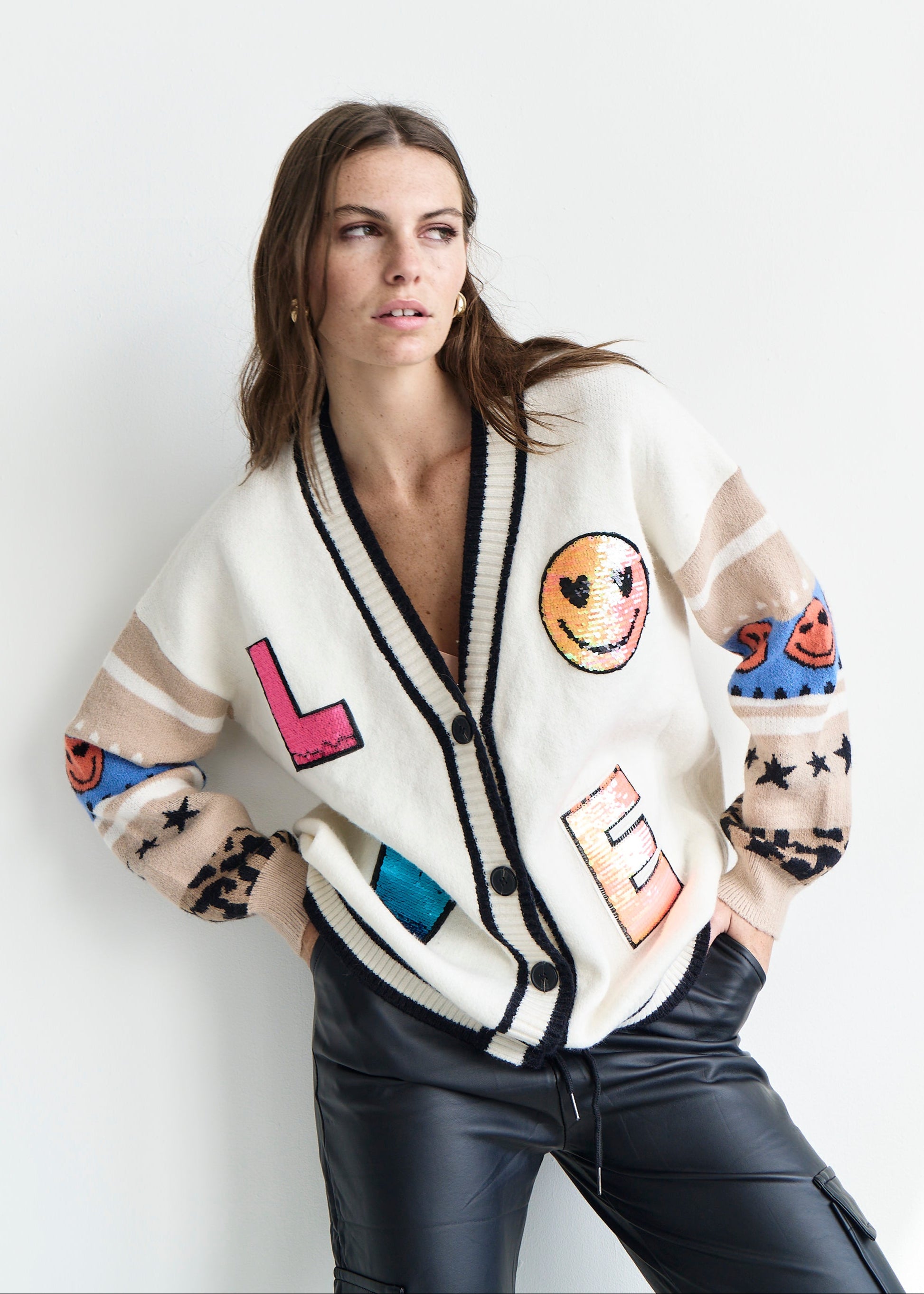 Murakami Embellished Knitted Cardigan with Love Sequin Motif in Cream